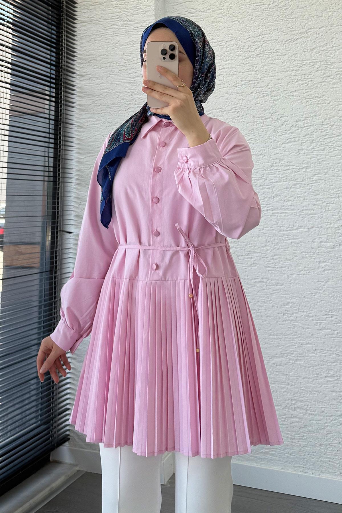 Etek Pileli Poplin Tunik - Pembe