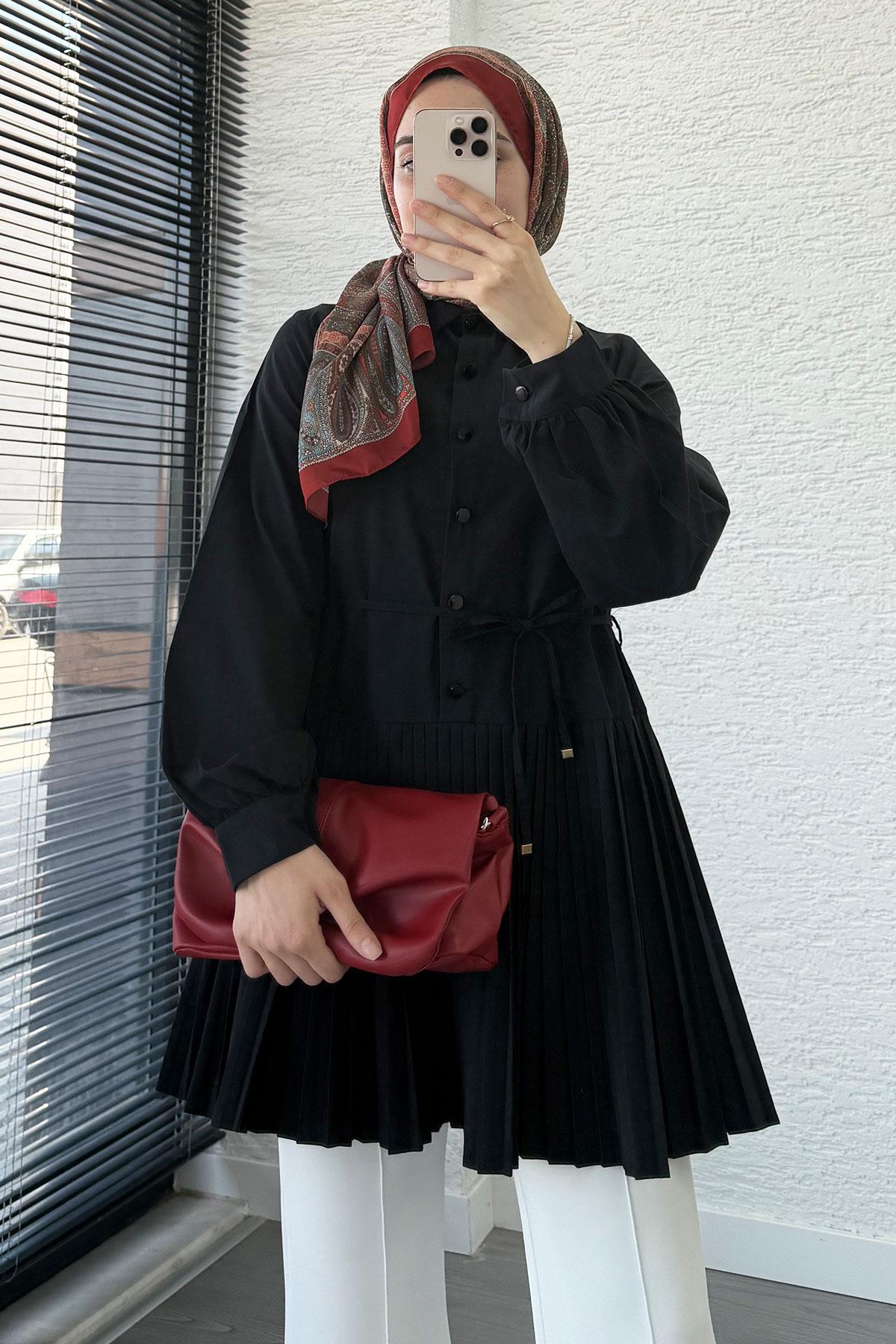 Etek Pileli Poplin Tunik - Siyah