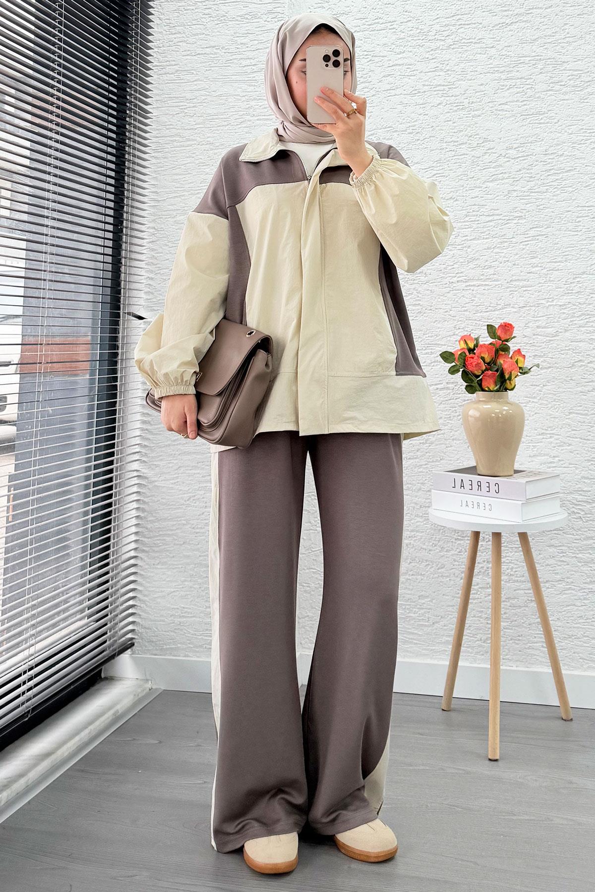 Fermuarlı Paraşüt Garnili İkili Eşofman Takım - Vizon