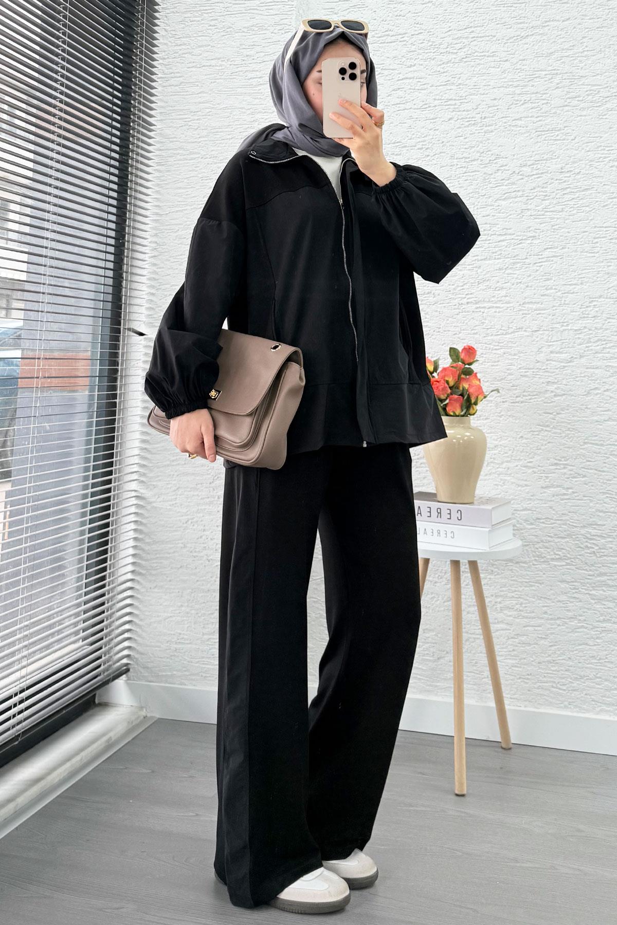 Fermuarlı Paraşüt Garnili İkili Eşofman Takım - Siyah