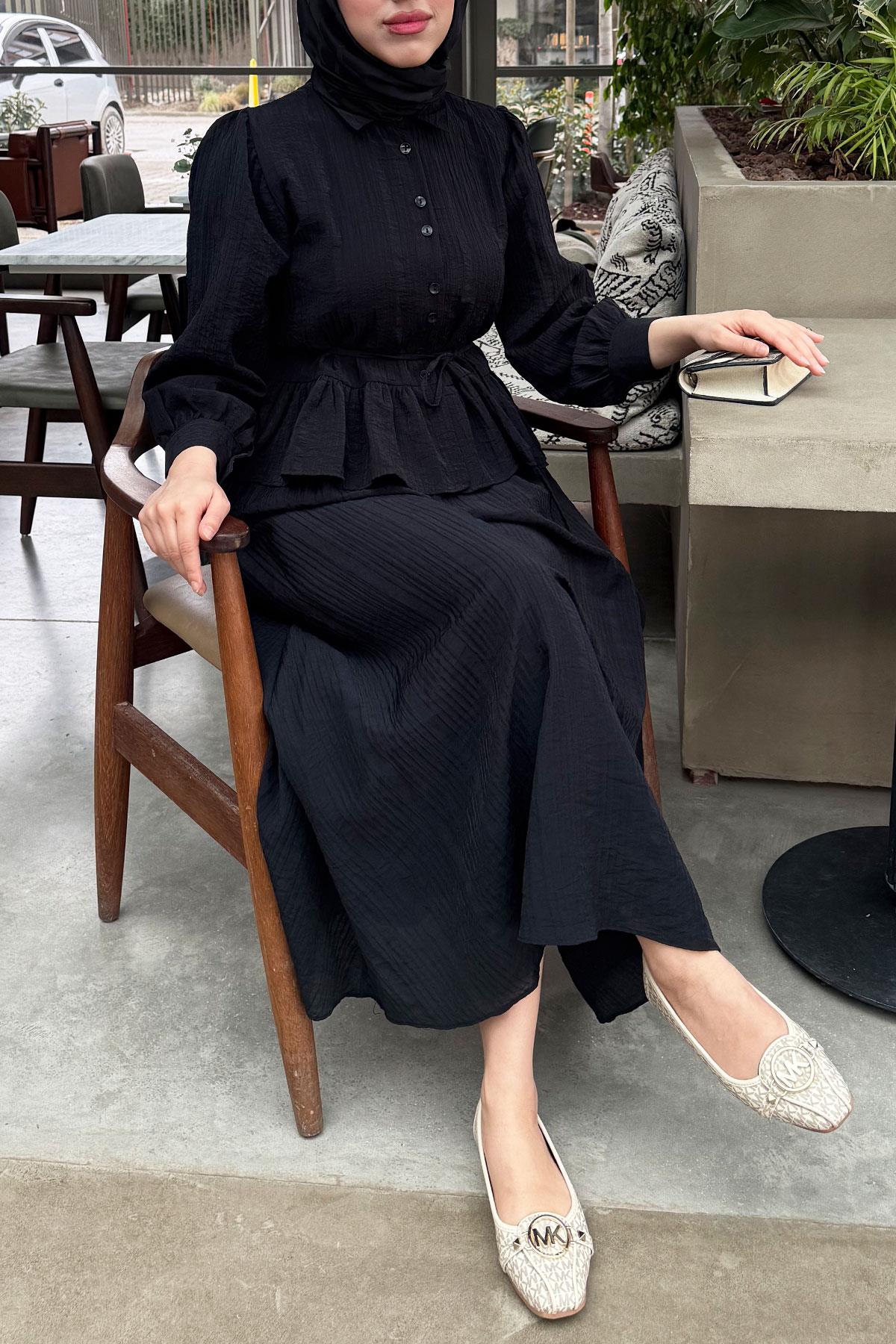 Fırfır Detaylı Gömlekli Gofre Etekli İkili Takım - Siyah