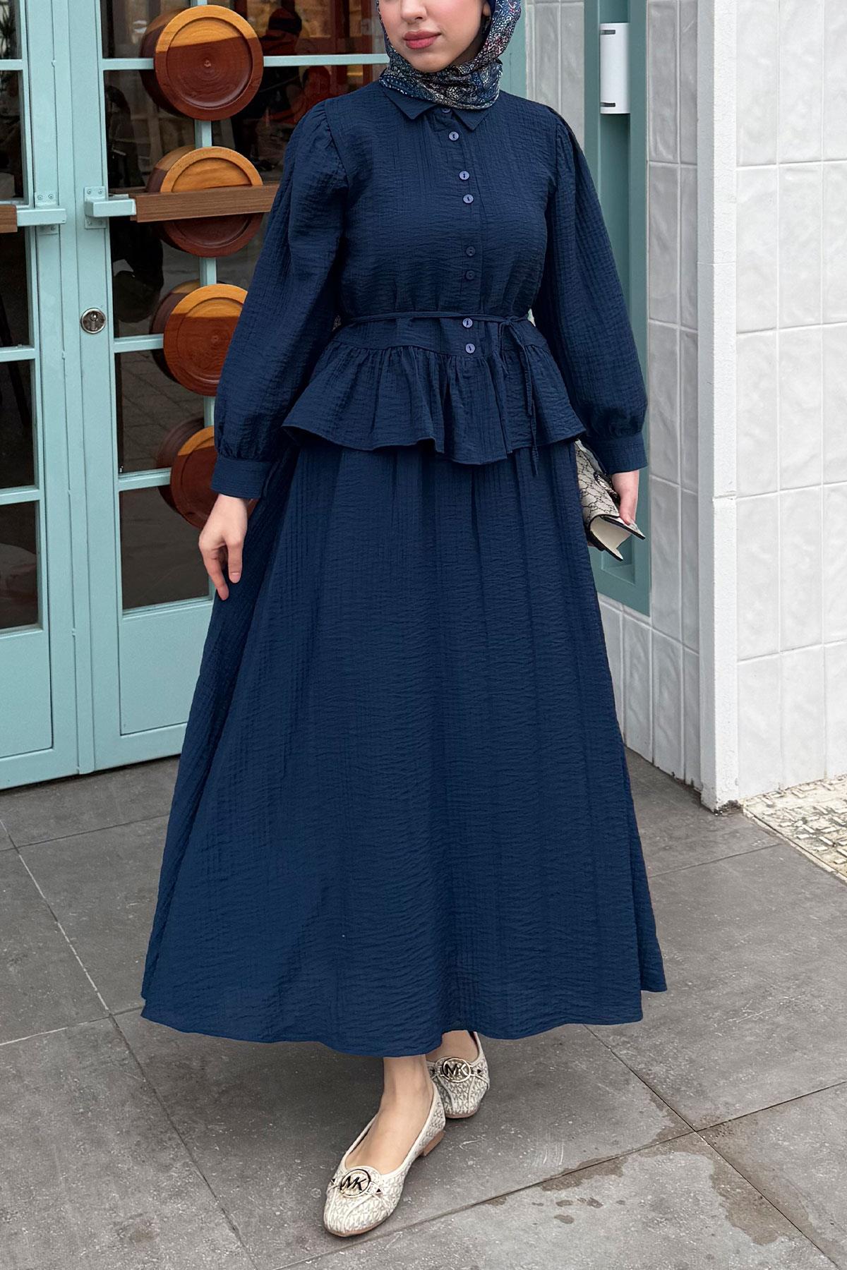 Fırfır Detaylı Gömlekli Gofre Etekli İkili Takım - Lacivert