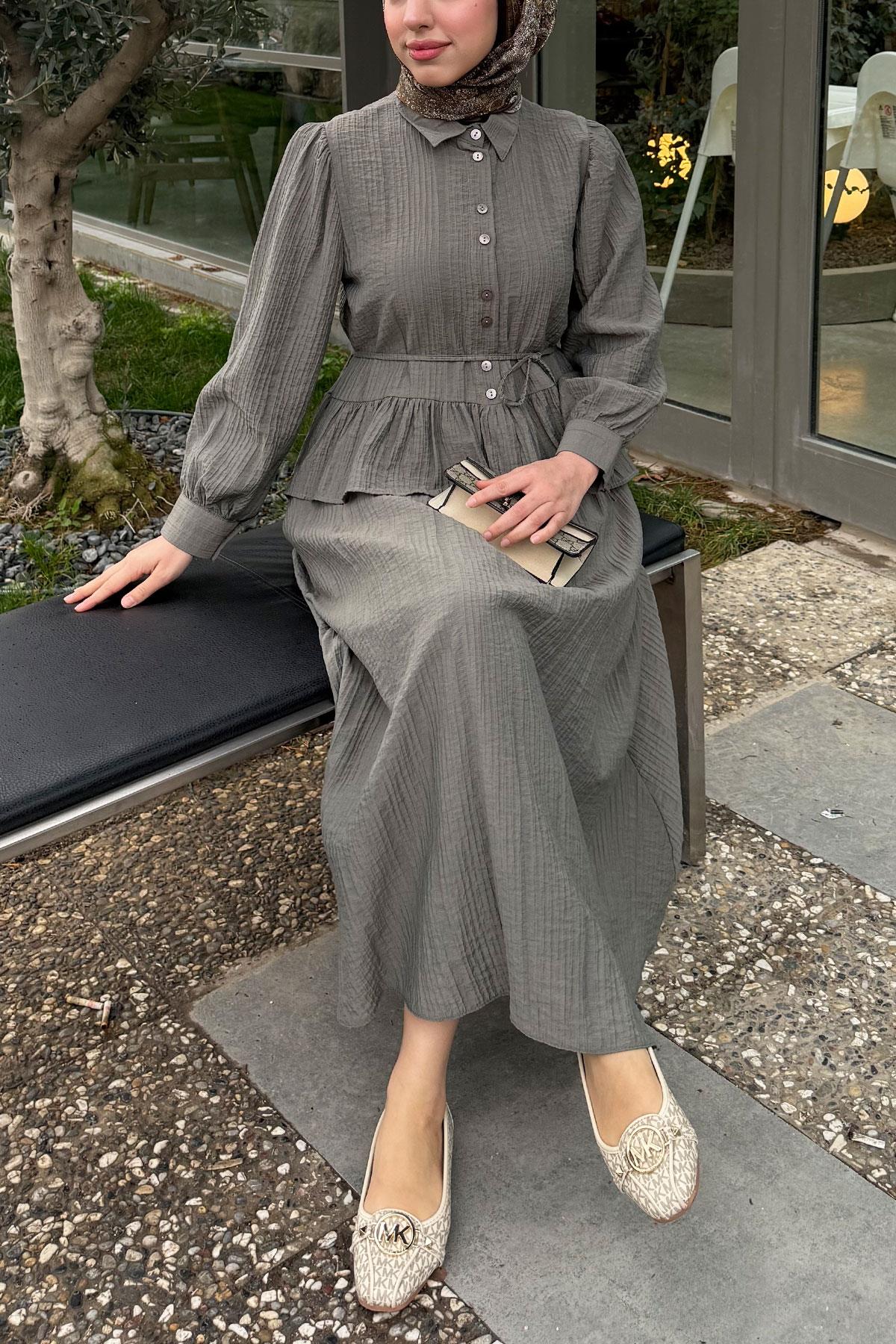 Fırfır Detaylı Gömlekli Gofre Etekli İkili Takım - Haki