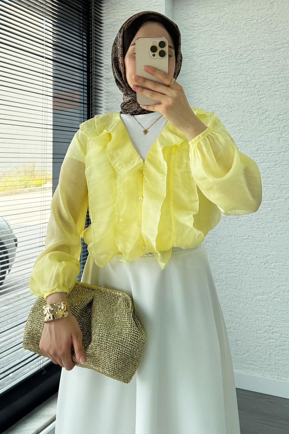 Fırfır Detaylı Vual Kumaş Bluz - Sarı 