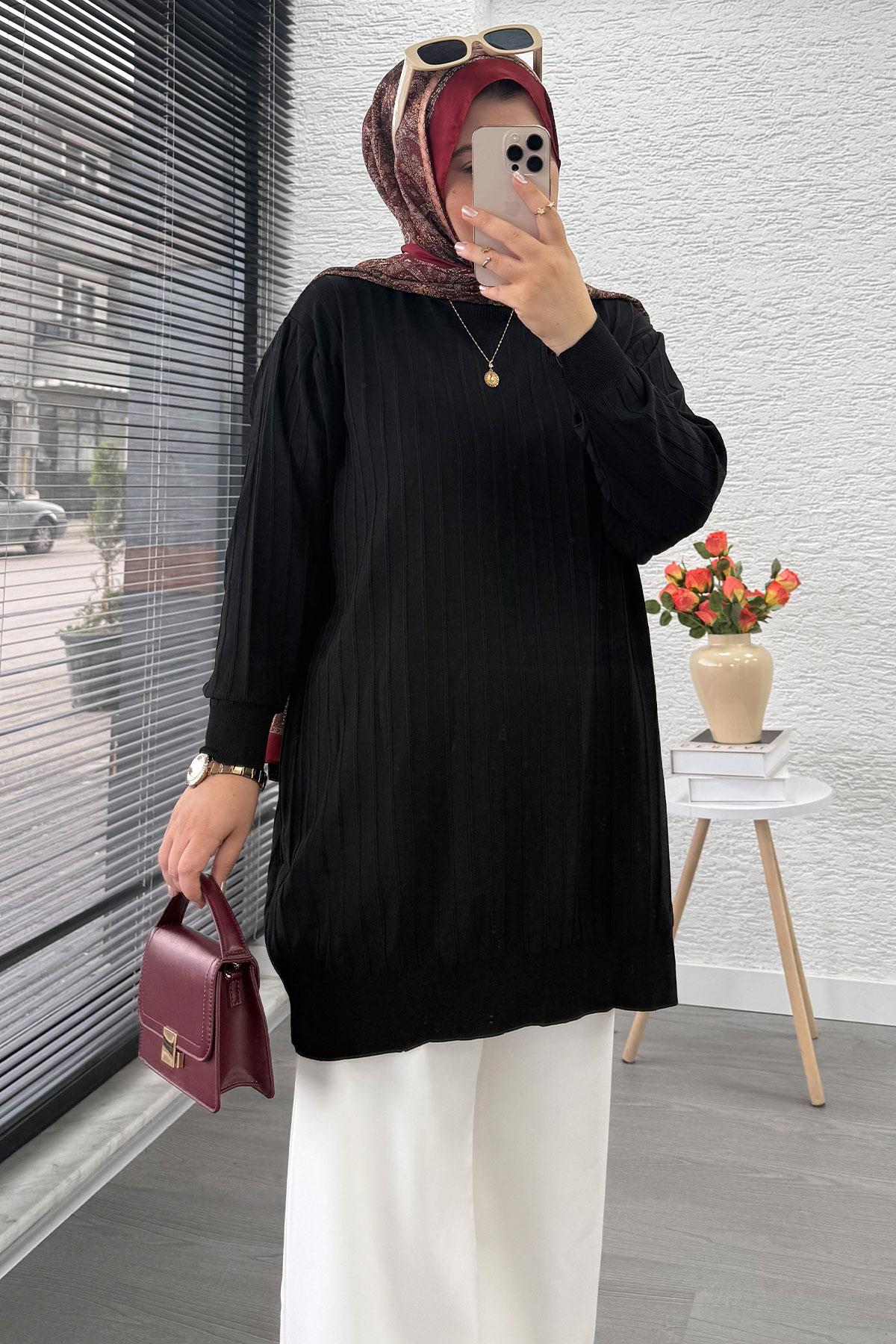 Fitilli Merserize Oversize Kadın Kazak - Siyah