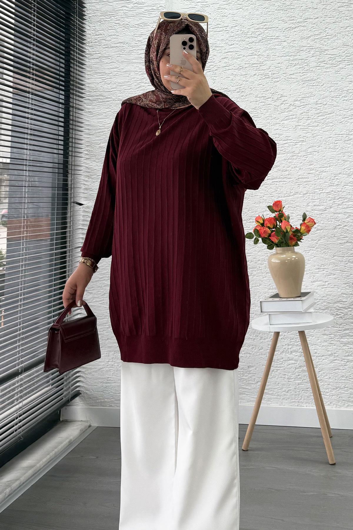 Fitilli Merserize Oversize Kadın Kazak - Bordo