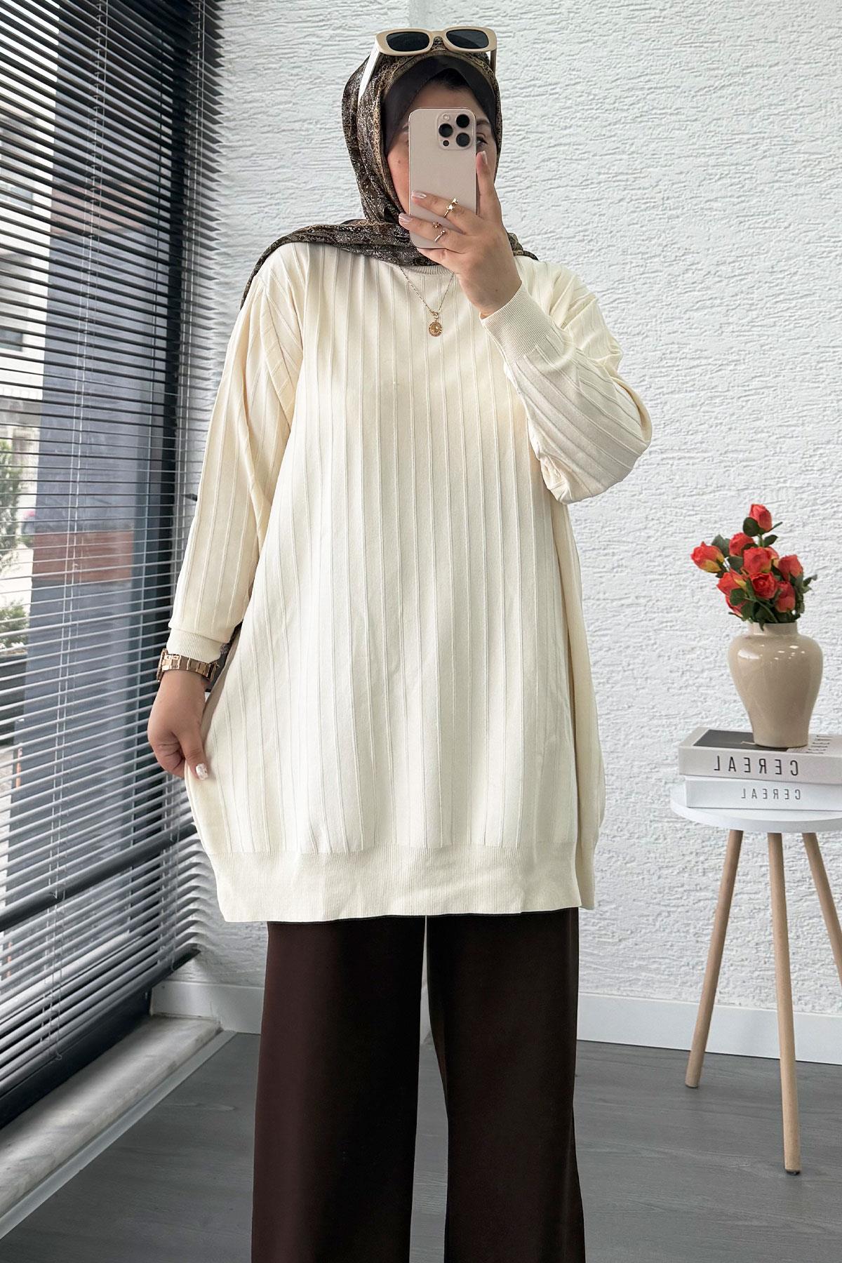 Fitilli Merserize Oversize Kadın Kazak - Ekru