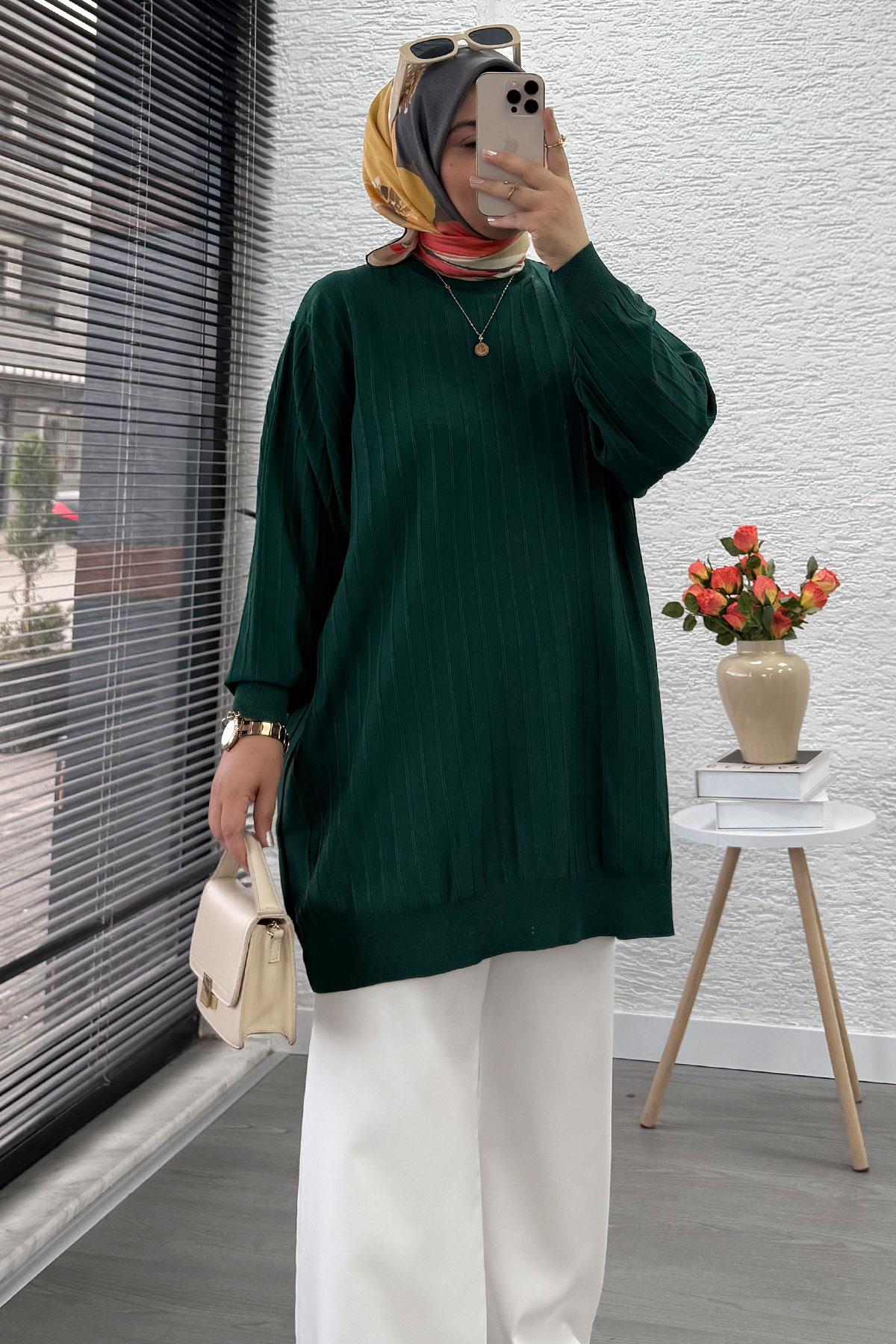 Fitilli Merserize Oversize Kadın Kazak - Zümrüt