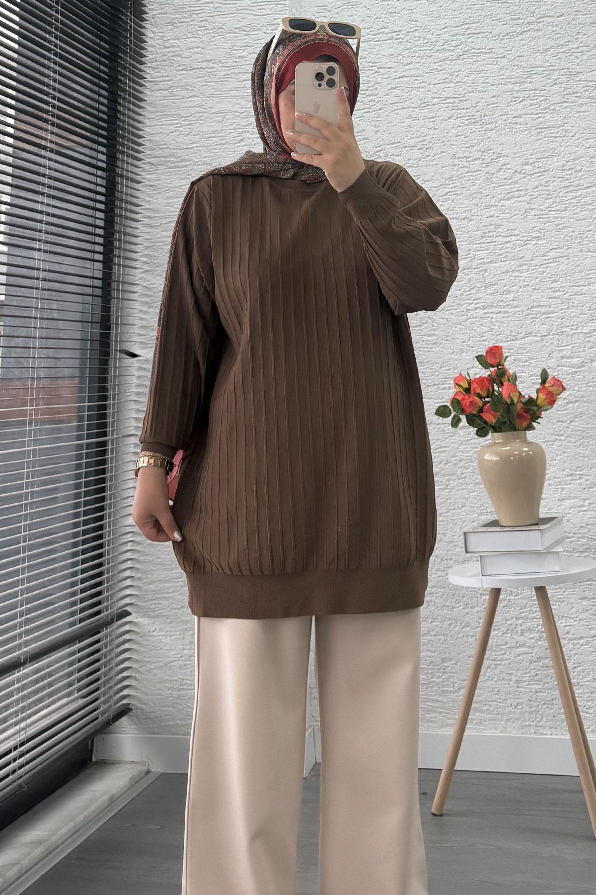 Fitilli Merserize Oversize Kadın Kazak - Kahverengi