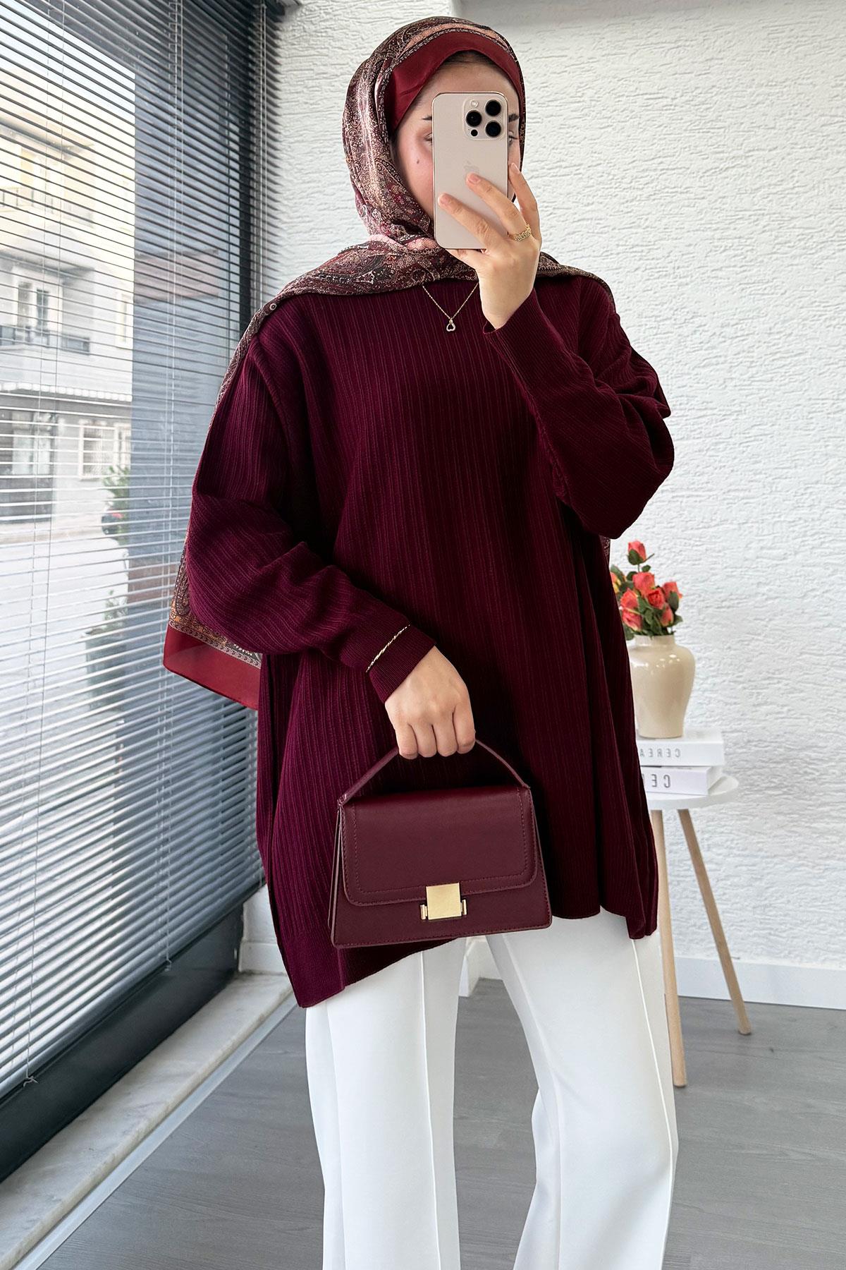 Fitilli Oversize Kadın Kazak - Bordo