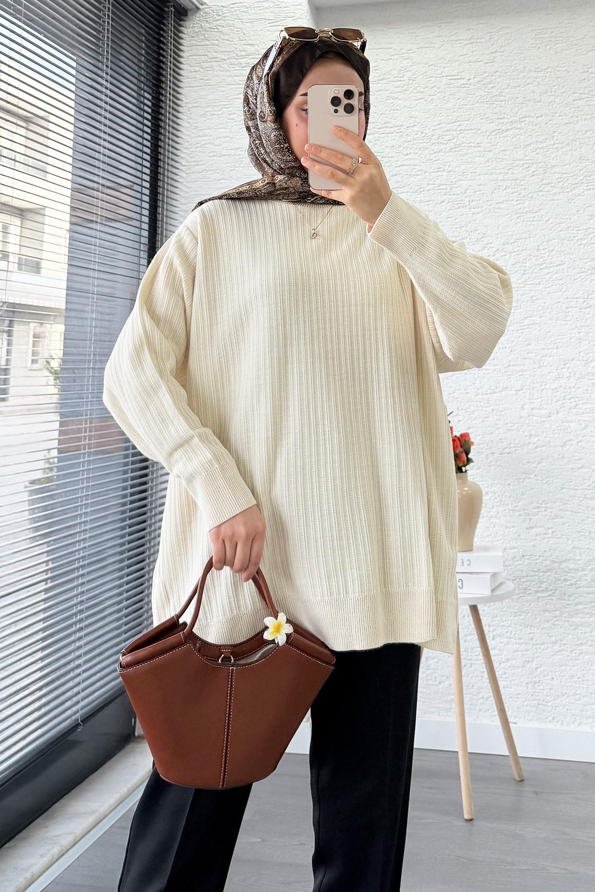 Fitilli Oversize Kadın Kazak - Ekru
