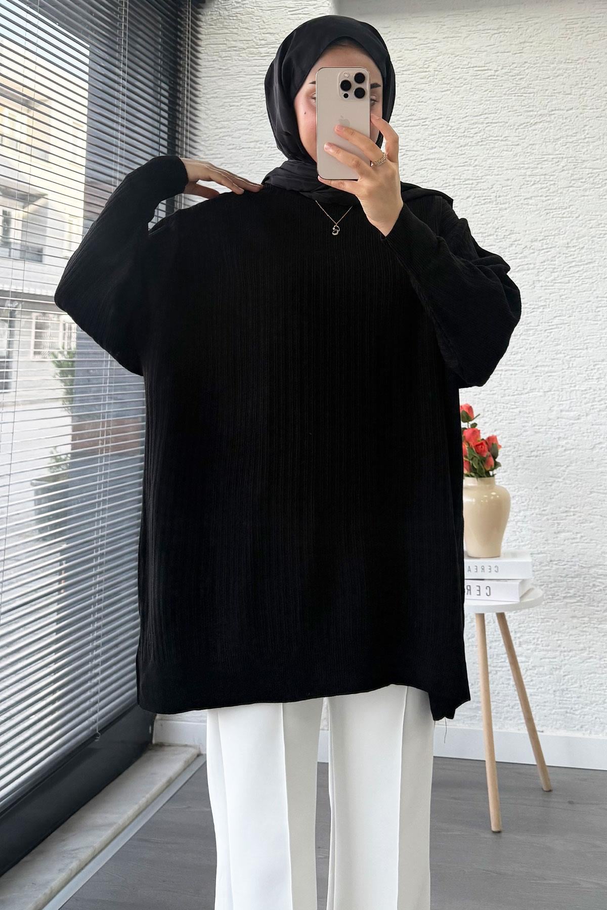 Fitilli Oversize Kadın Kazak - Siyah