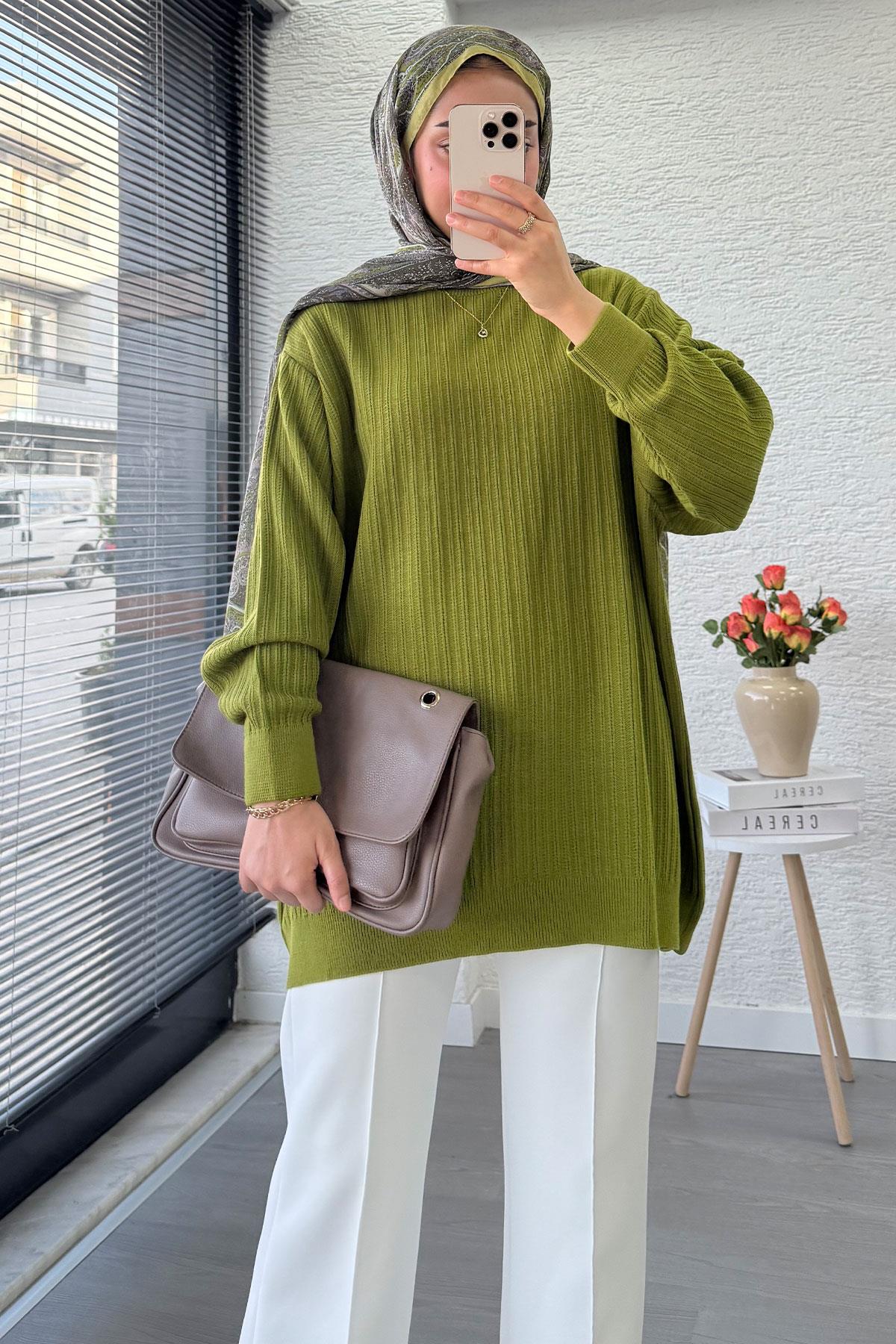 Fitilli Oversize Kadın Kazak -Yağ Yeşili 