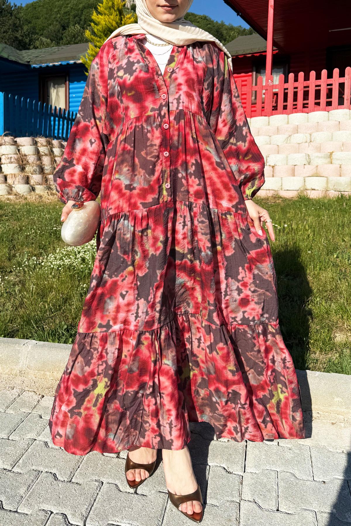 FlameAura Yazlık Volanlı Elbise– Bordo