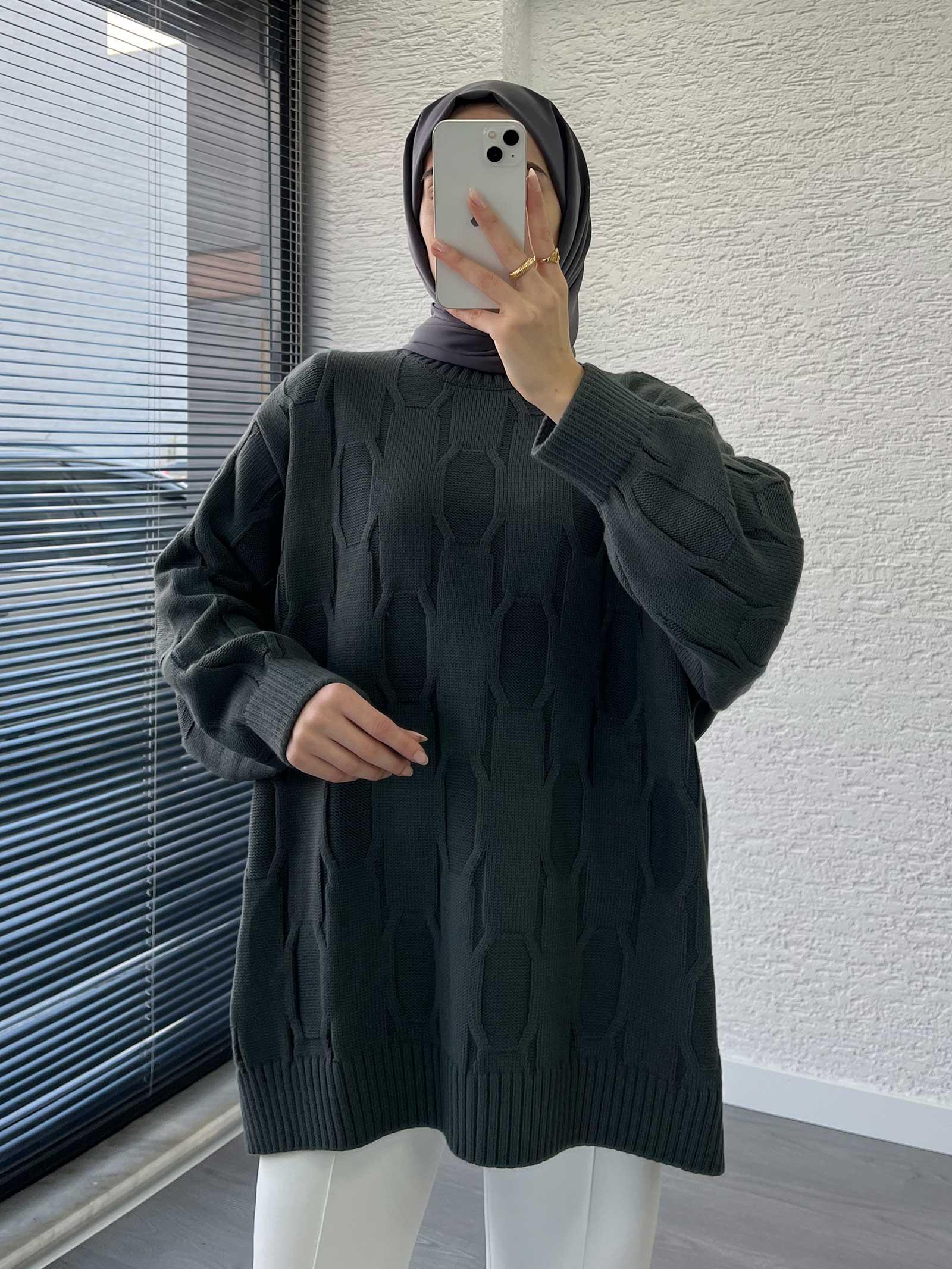 Füme Kare Desenli Oversize Kadın Kazak