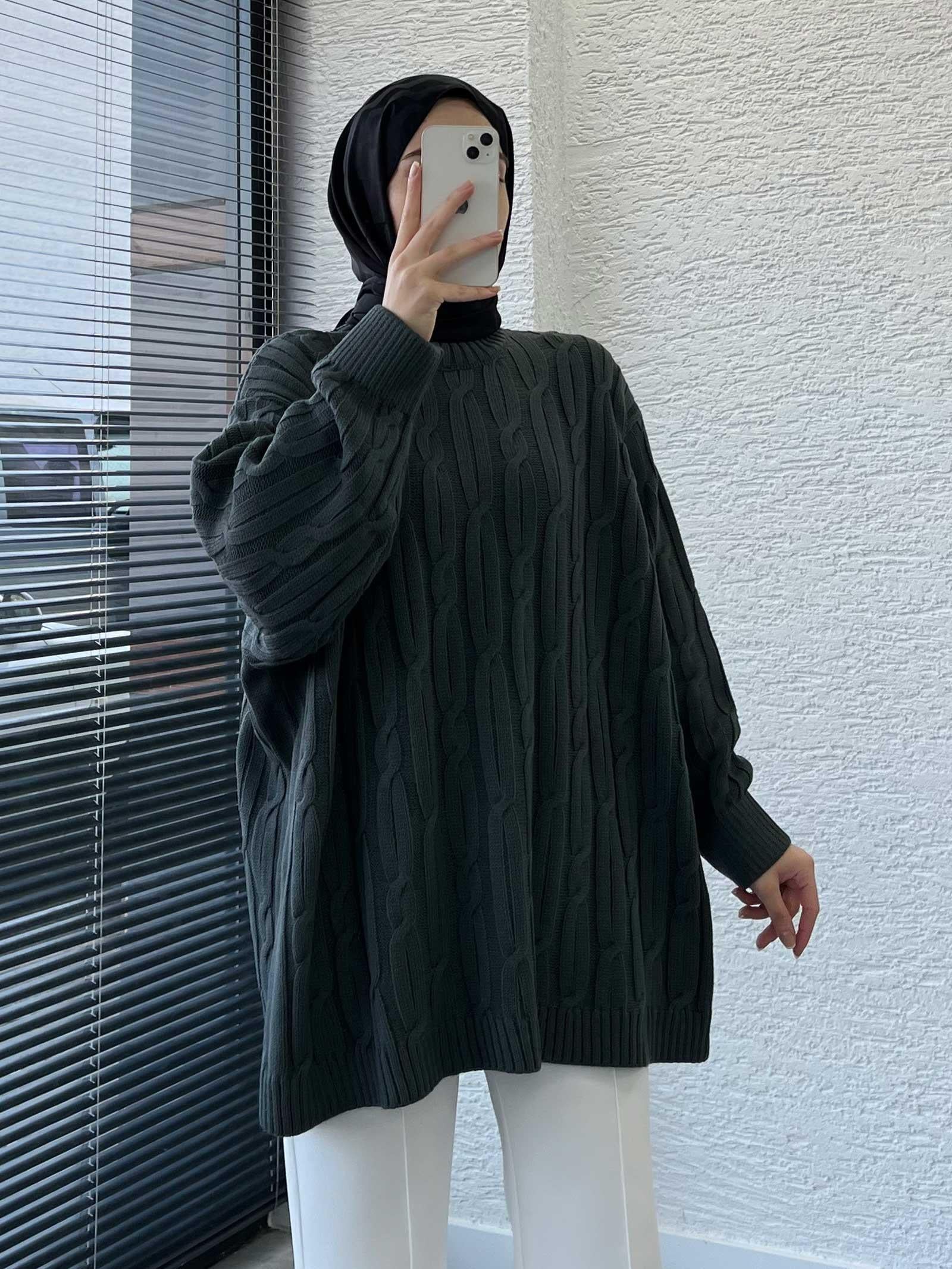 Füme Örgü Desen Oversize Kadın Kazak