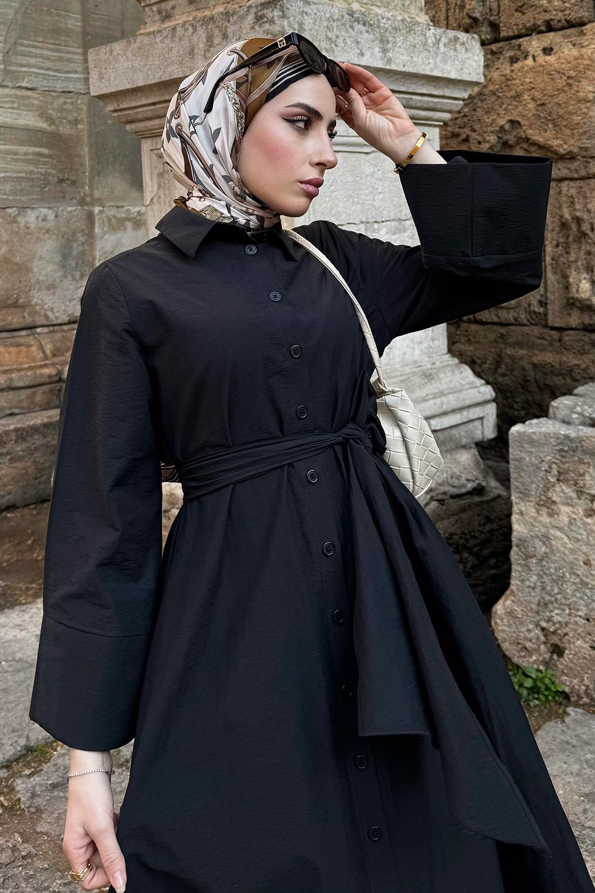 Geniş Kemerli Gömlek Elbise-Siyah