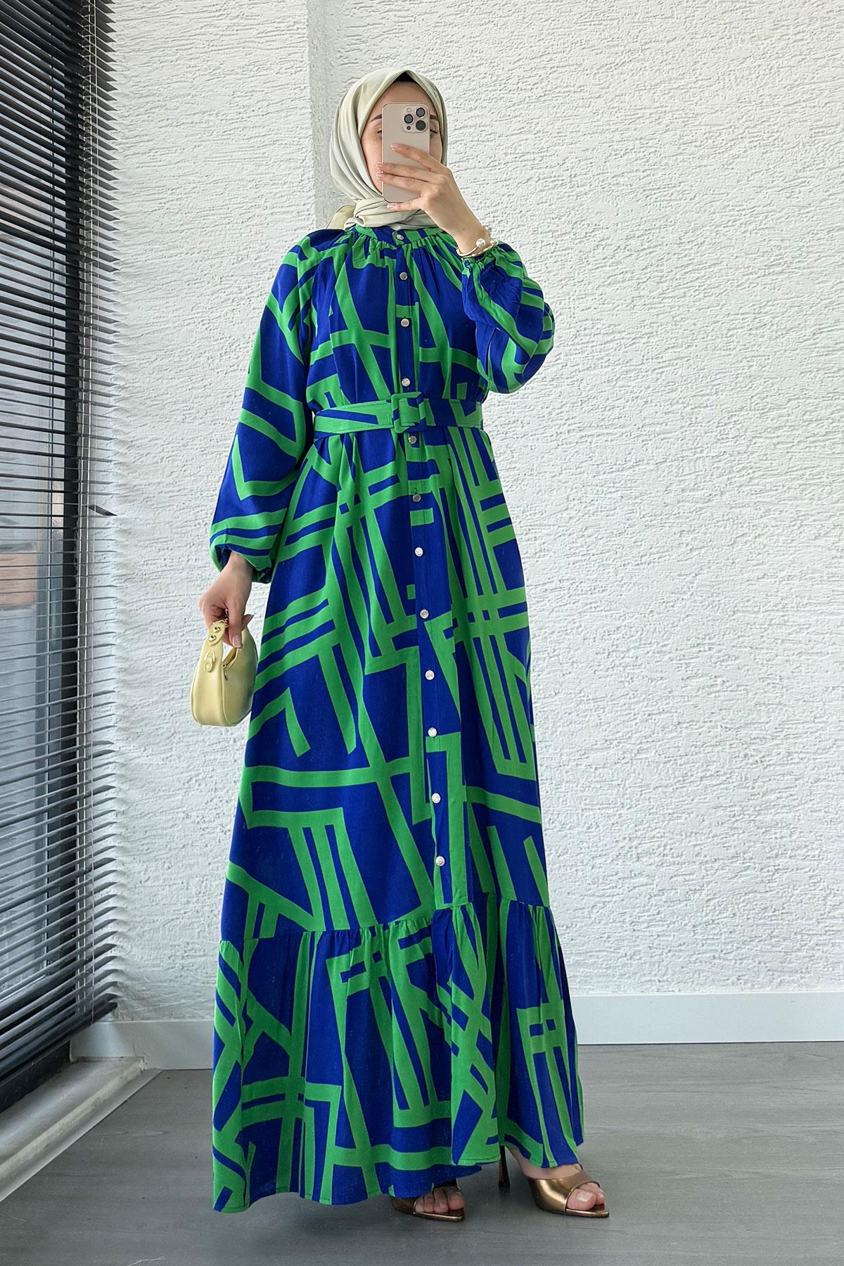 Geometrik Desen Kemerli Viskon Elbise-Saks