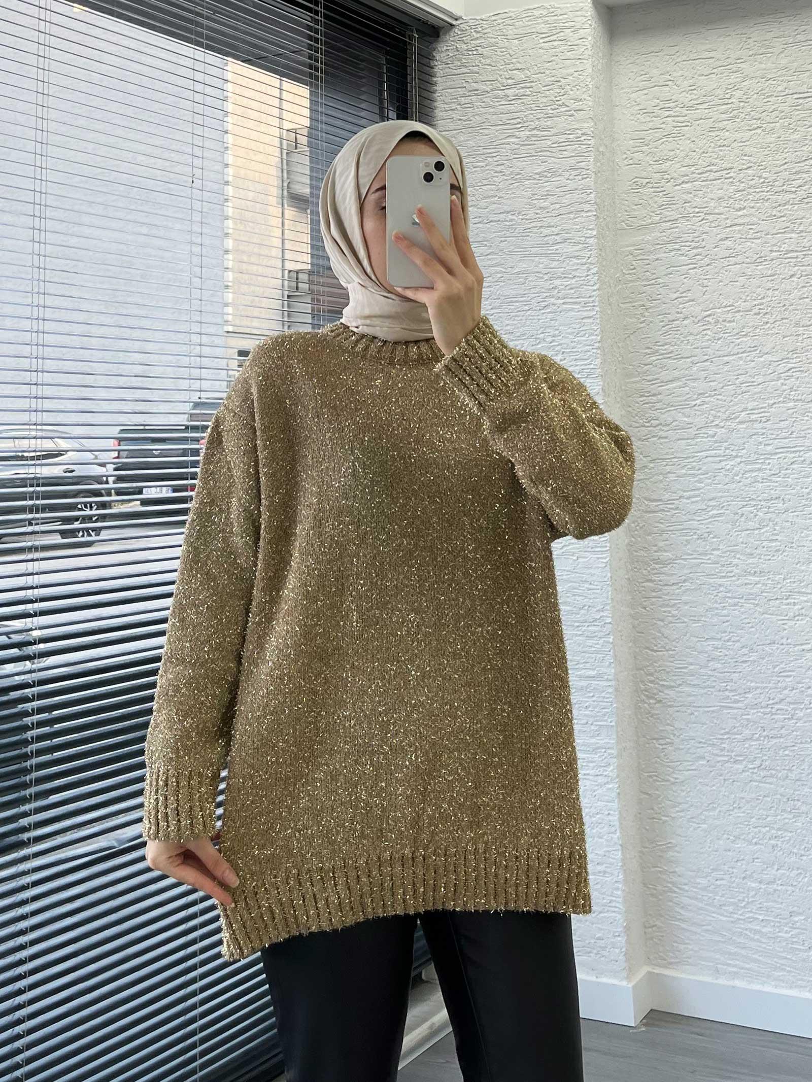 Gold Simli Oversize Kadın Kazak
