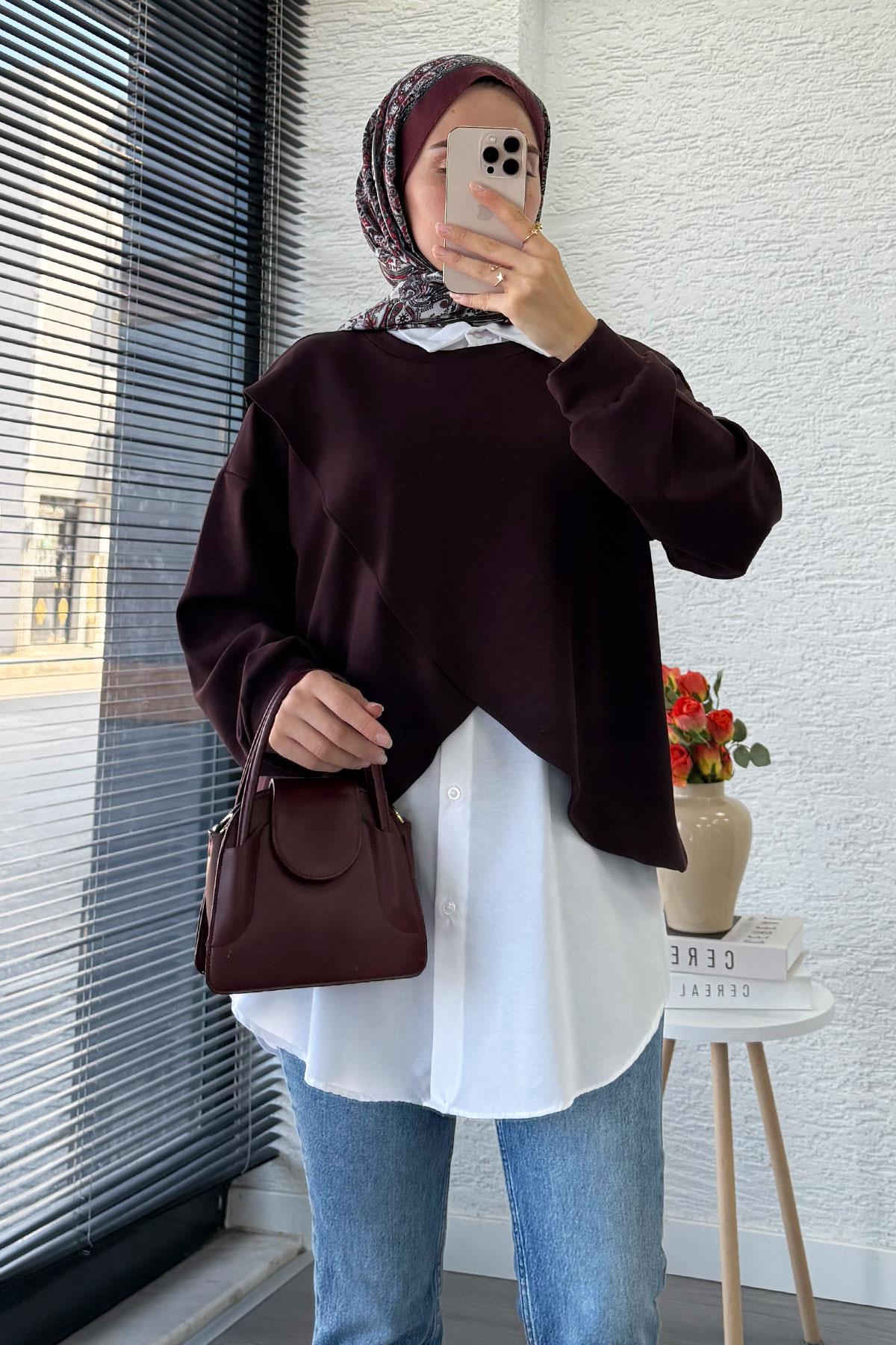 Gömlek Detaylı İkili Kadın Sweatshirt - Mürdüm