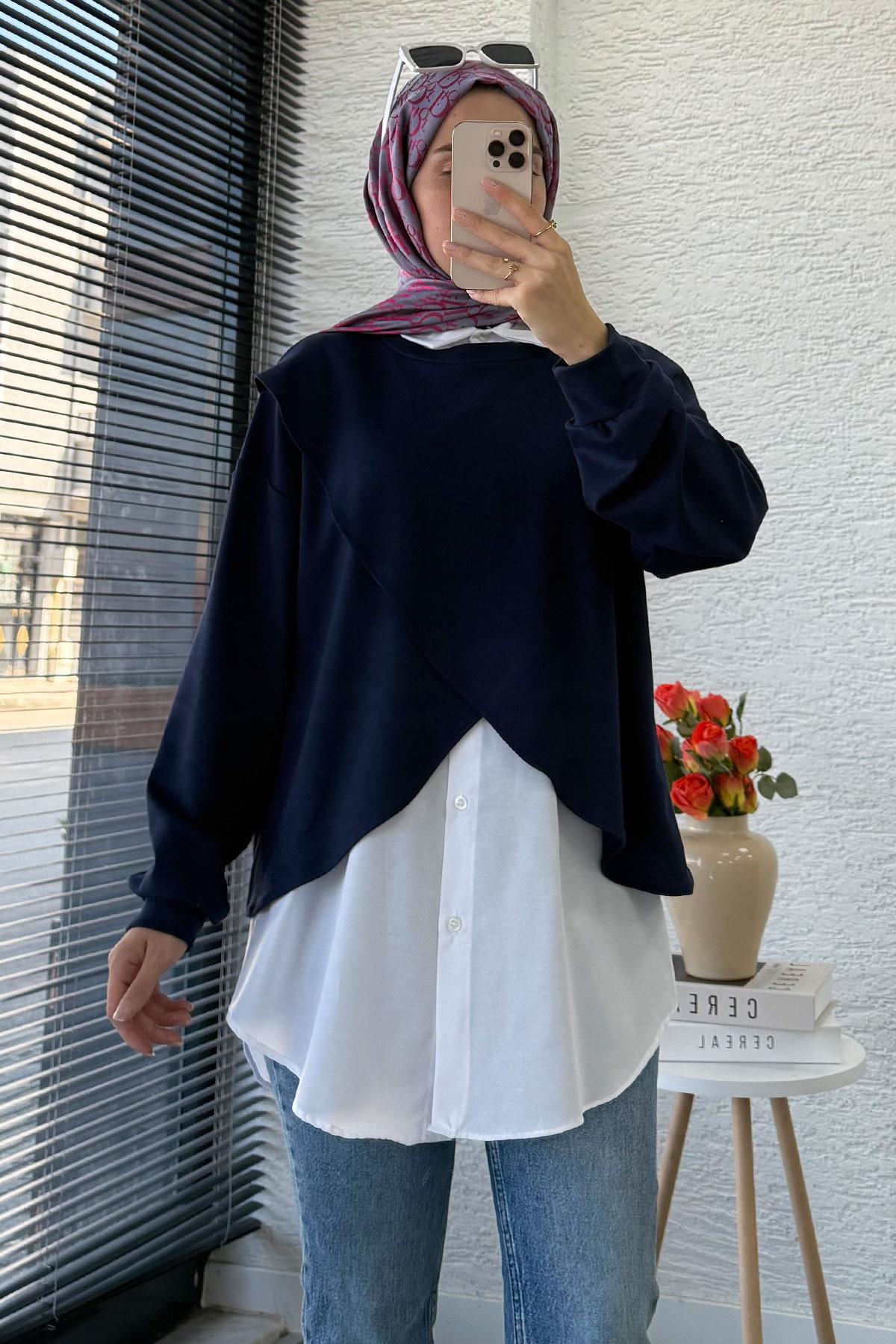 Gömlek Detaylı İkili Kadın Sweatshirt - Lacivert