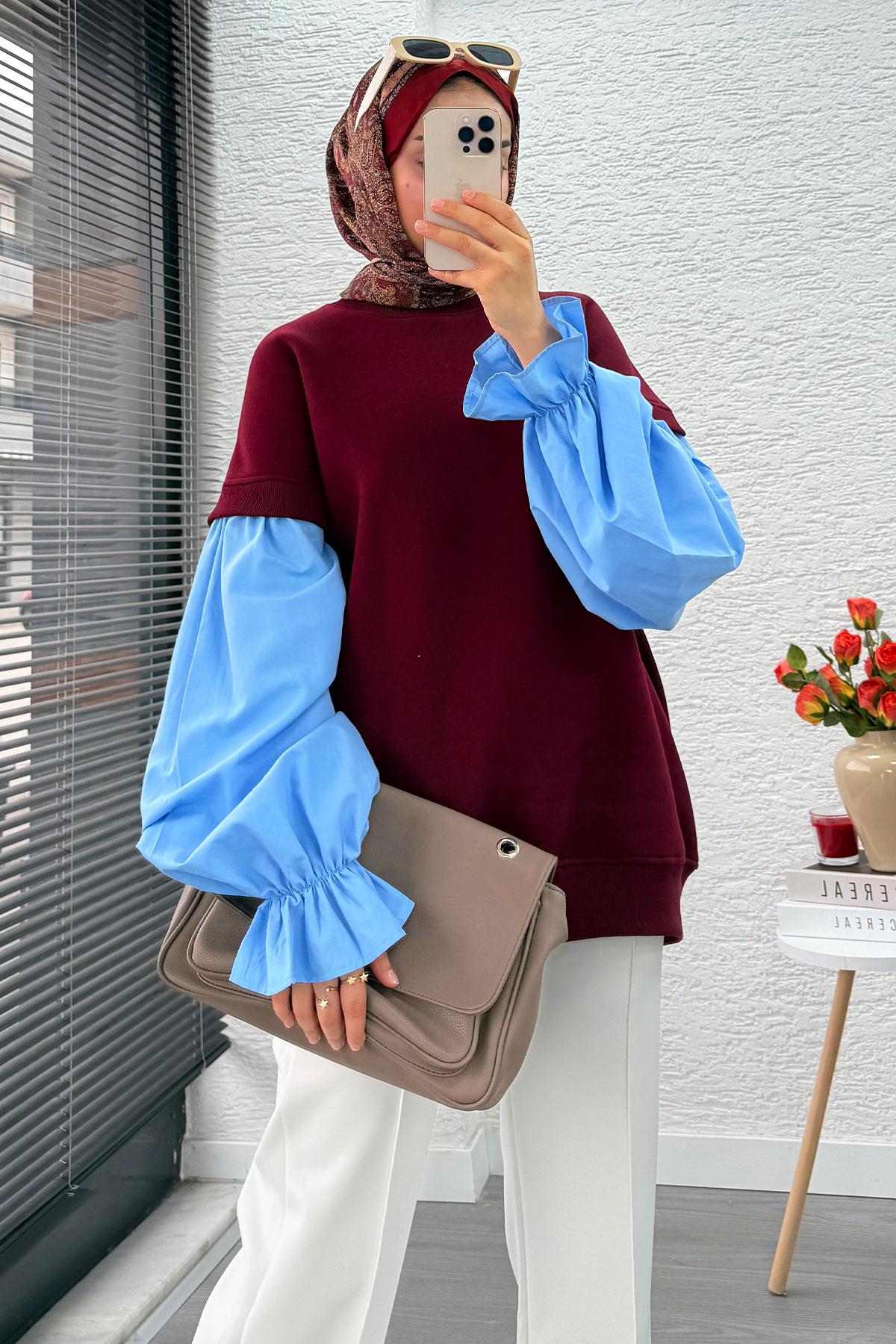 Gömlek Kol Oversize Kadın Sweat – Bordo
