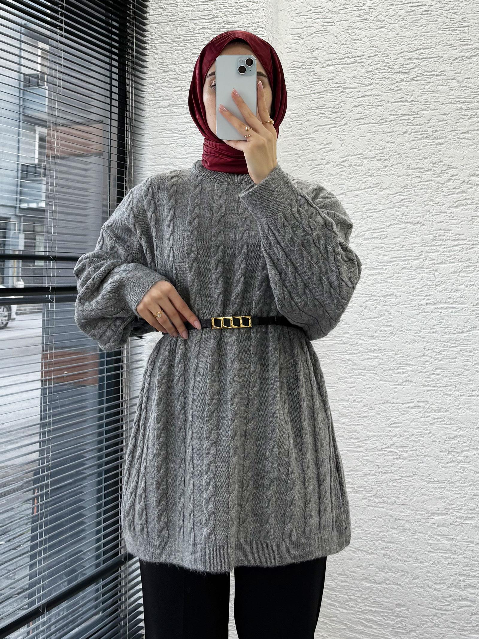 Gri Örgü Desenli Oversize Kadın Kazak