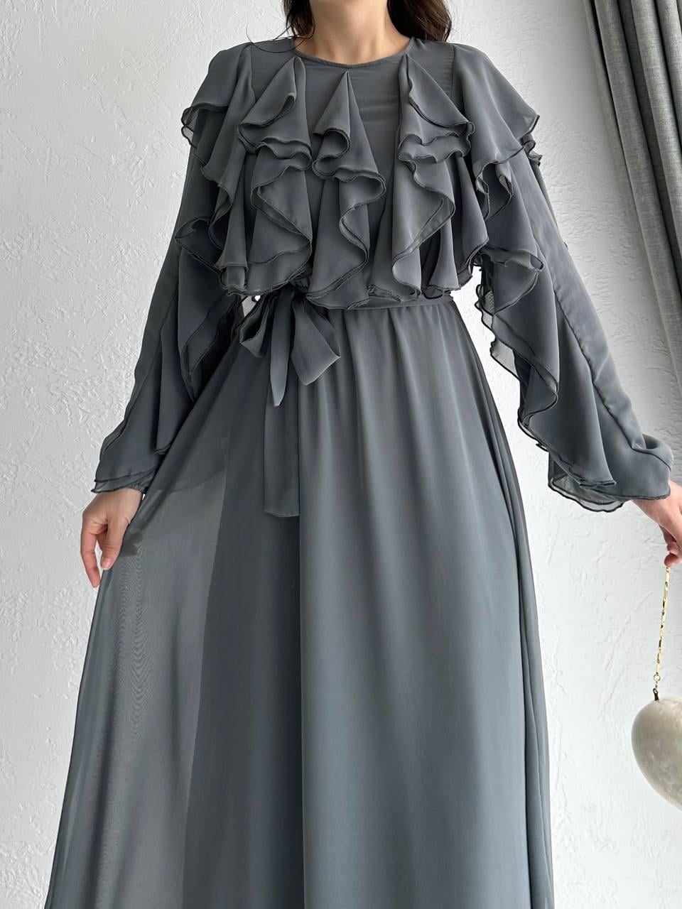 Gri Rana Şifon Elbise