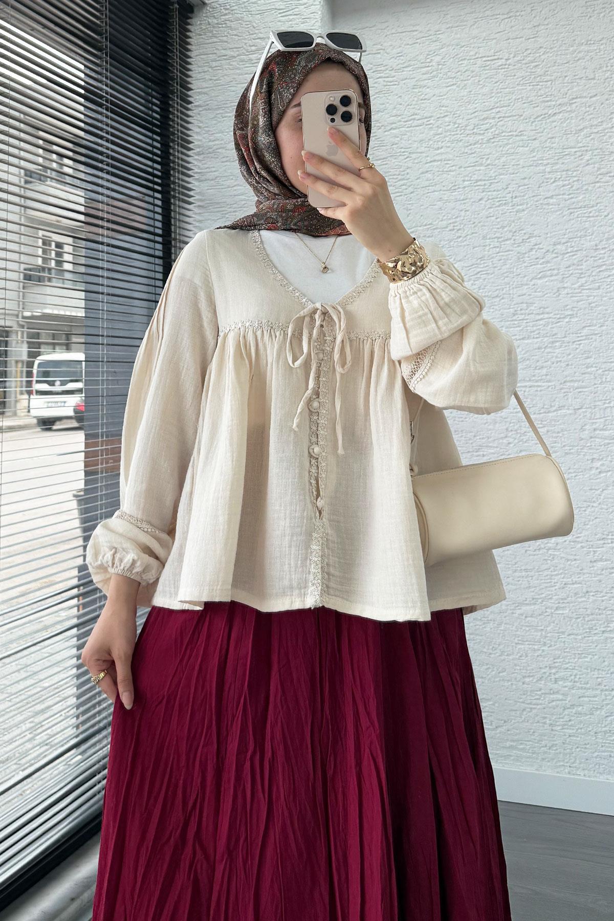 Güpür Detaylı Müslin Kısa Kimono – Bej
