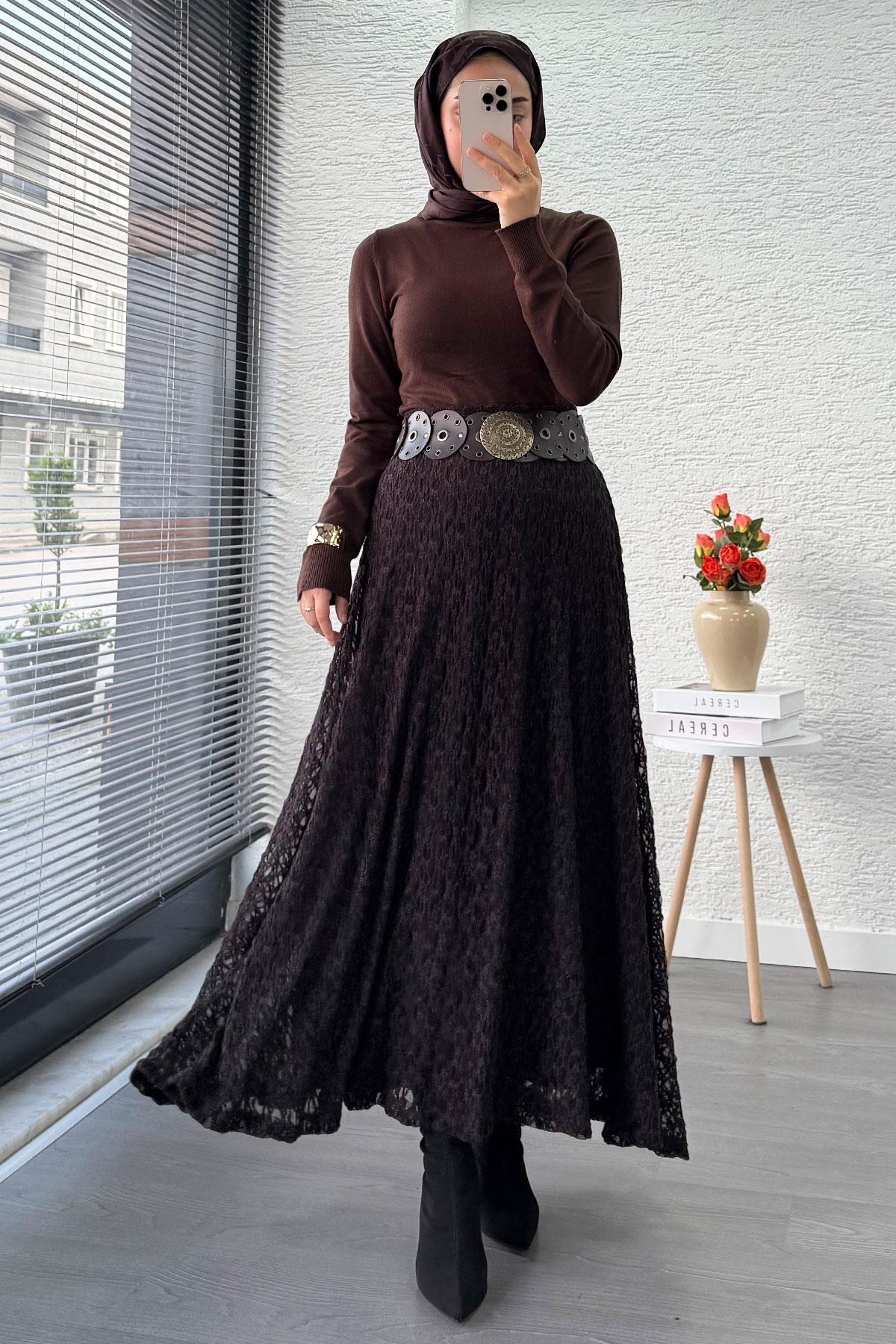 Güpür Dokulu Kloş Uzun Etek – Kahverengi