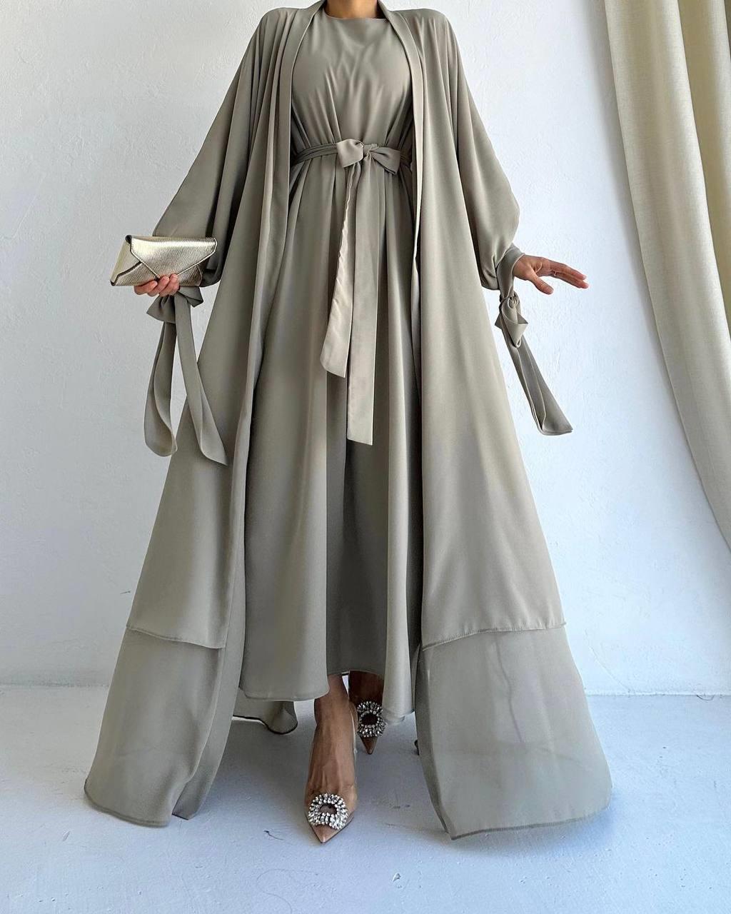 Haki Ella Şifon Abaya Takım