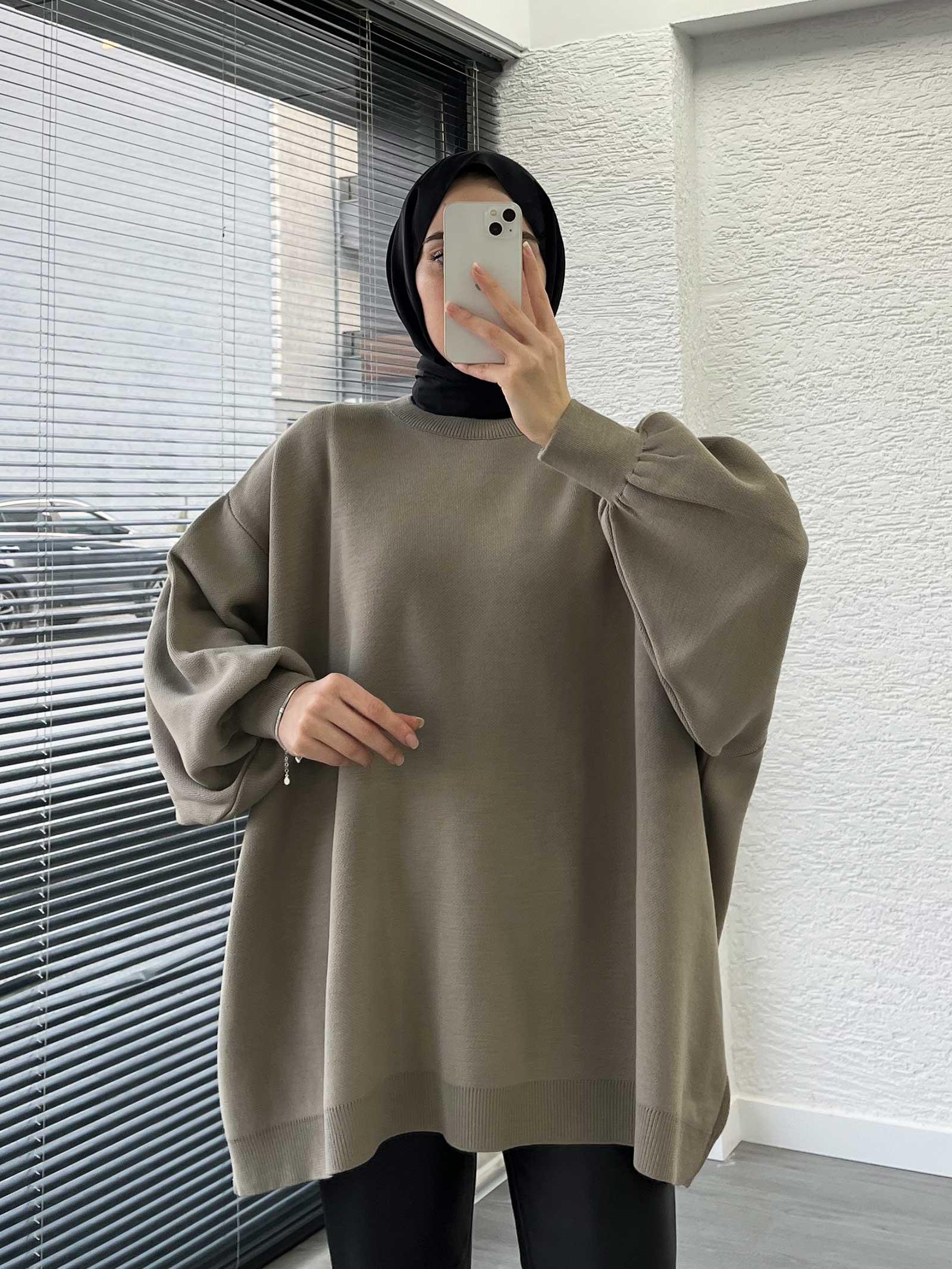 Haki Yarasa Kollu Oversize Kadın Kazak