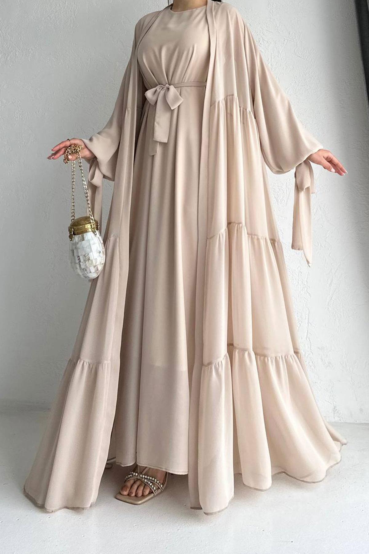 Hena Premium Şifon Abaya Takım – Bej