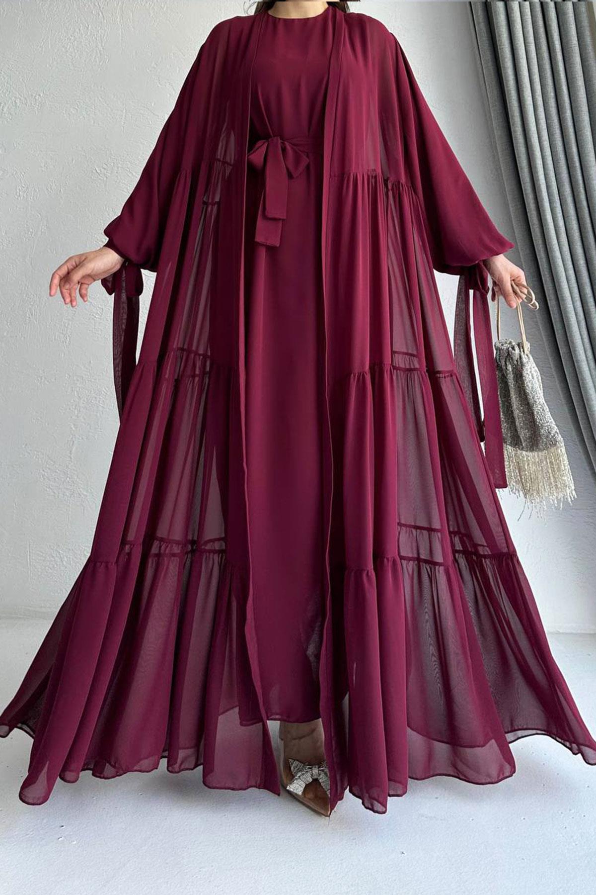 Hena Premium Şifon Abaya Takım – Bordo