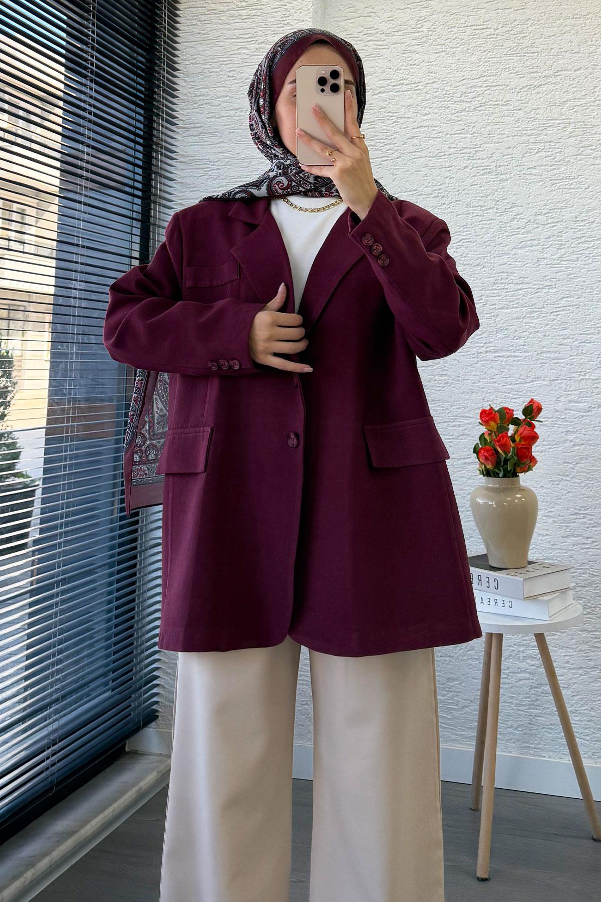 İki Düğmeli Keten Blazer Kadın Ceket - Bordo