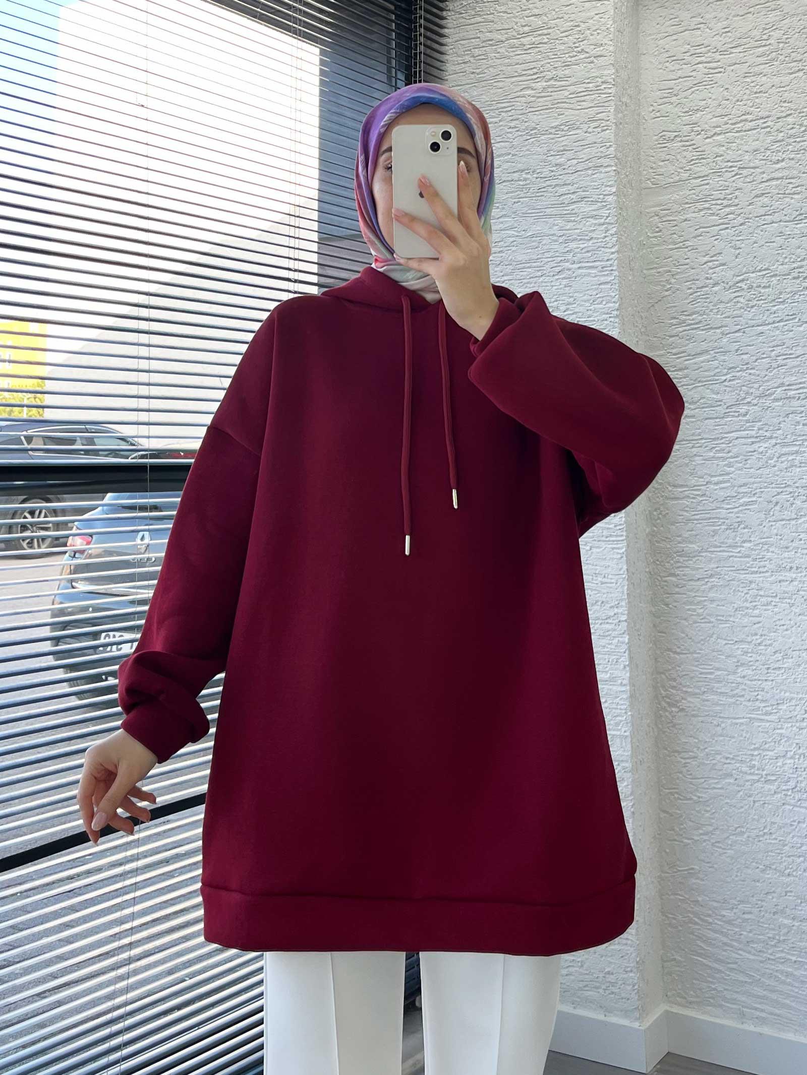 Kadın Bordo Oversize Kapüşonlu Sweat
