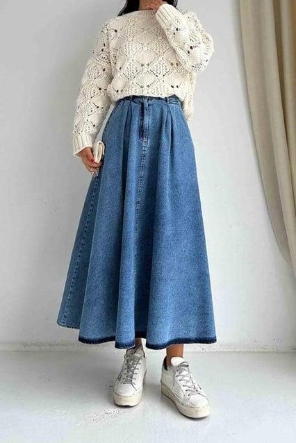 Kadın Pile Detay Kloş Denim Kot Etek Modeli
