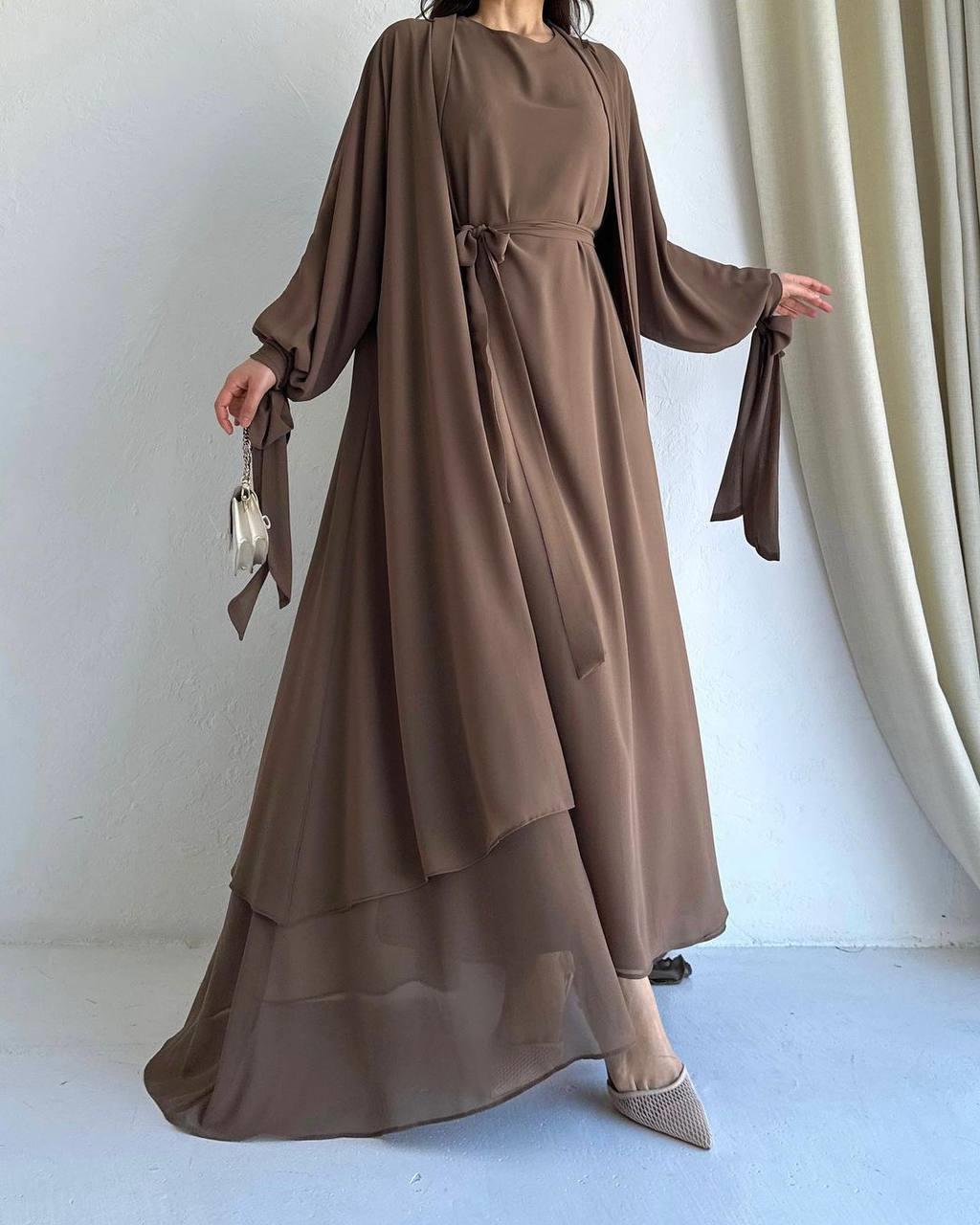 Kahve Ella Şifon Abaya Takım