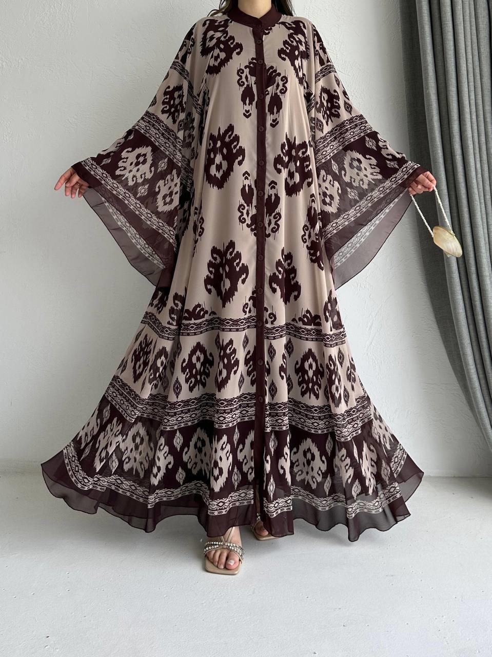 Kahve Etnik Desen Liya Abaya Takım 
