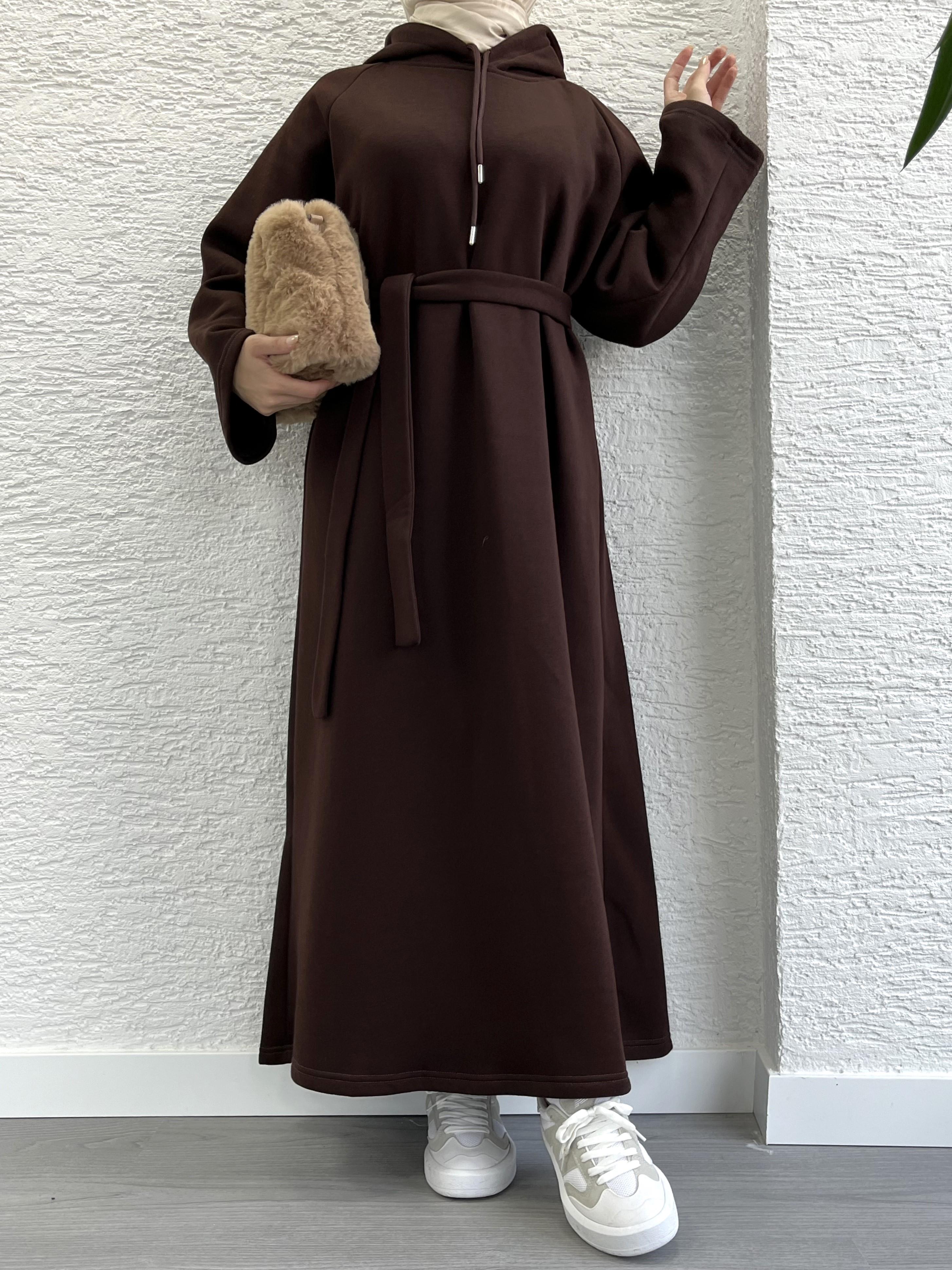 Kahve Kapşonlu Oversize Sweat Elbise