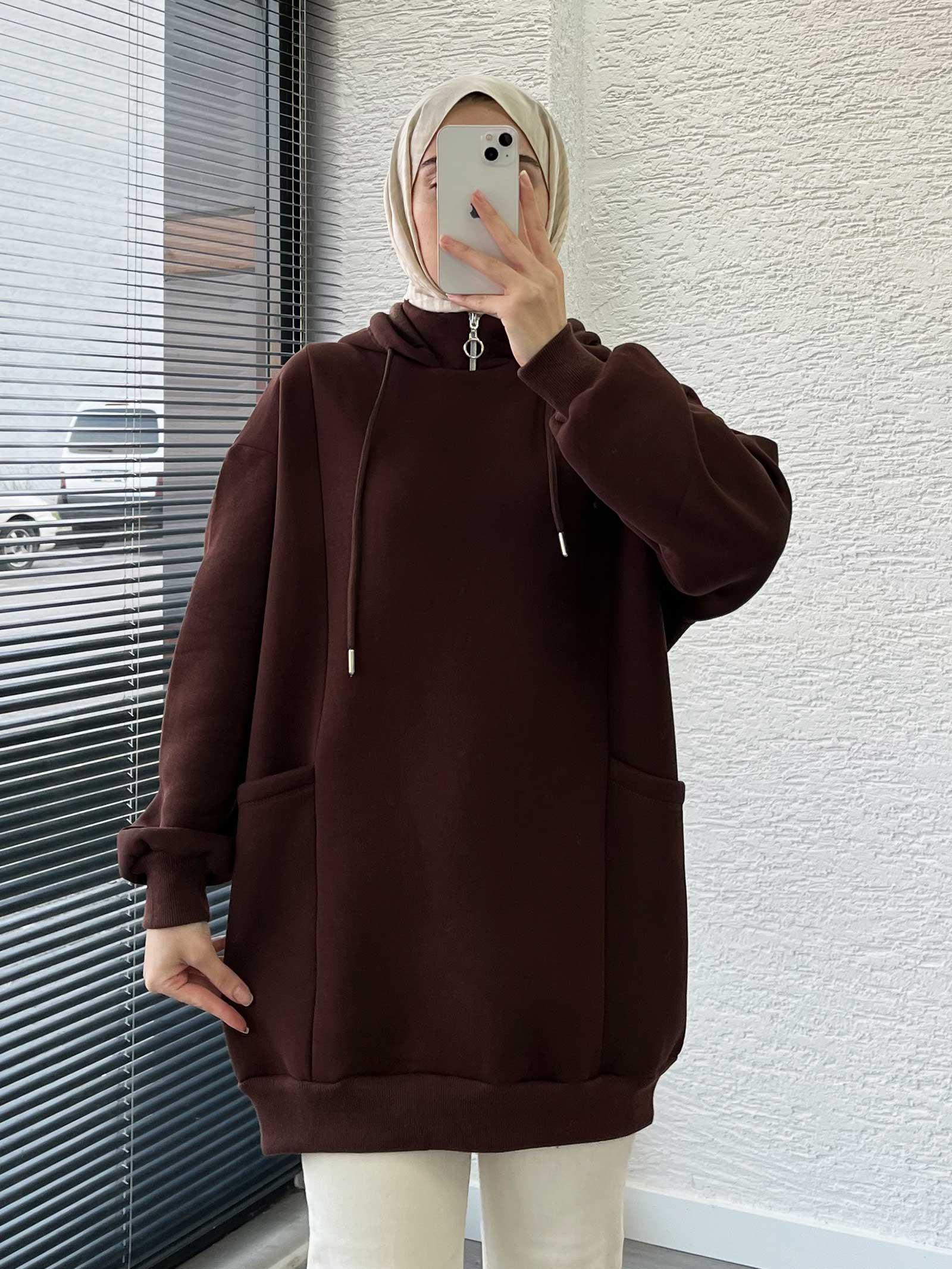 Kahverengi Cepli Oversize Kadın Sweat