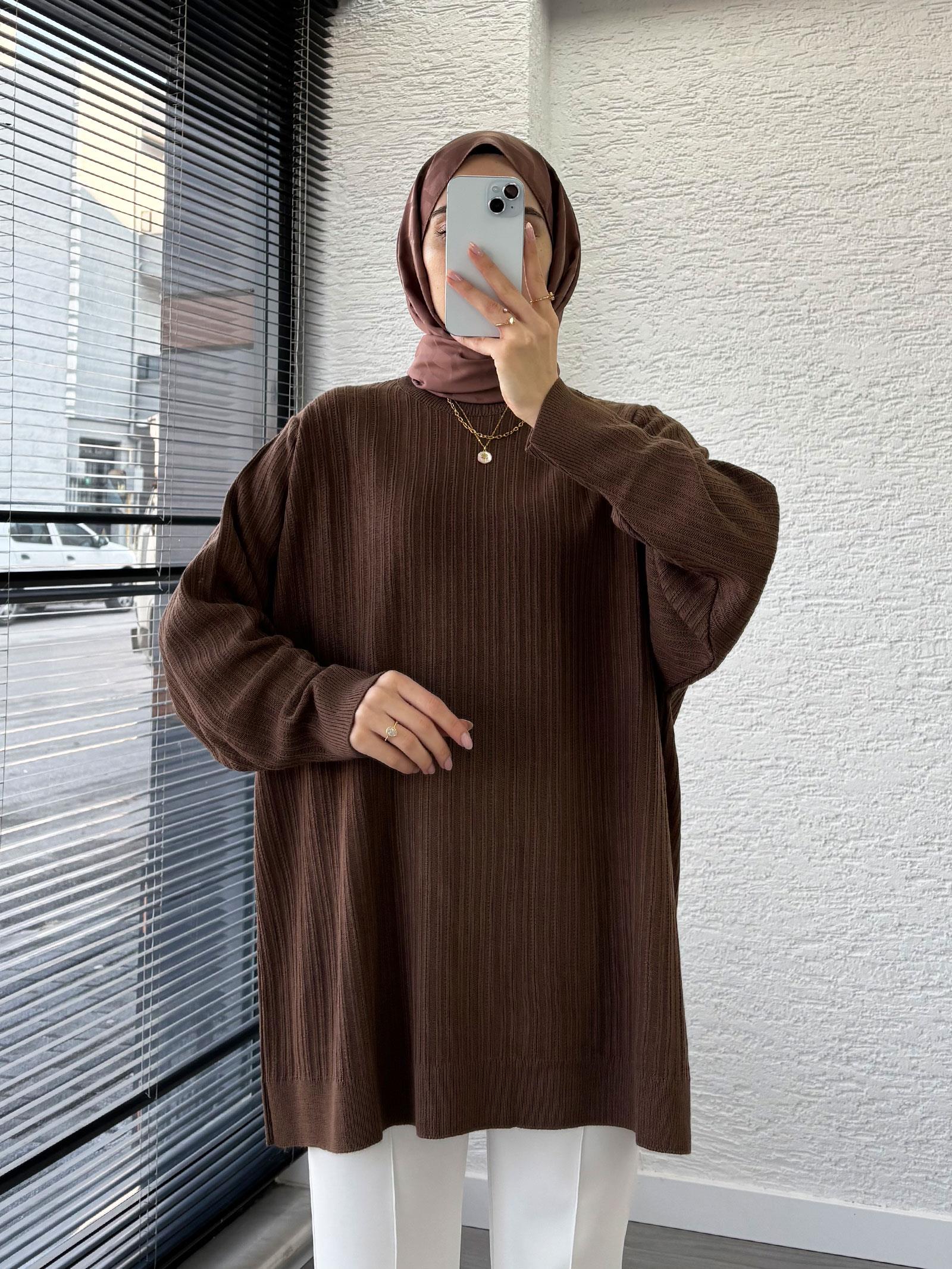 Kahverengi Kadın Fitilli Oversize Kazak