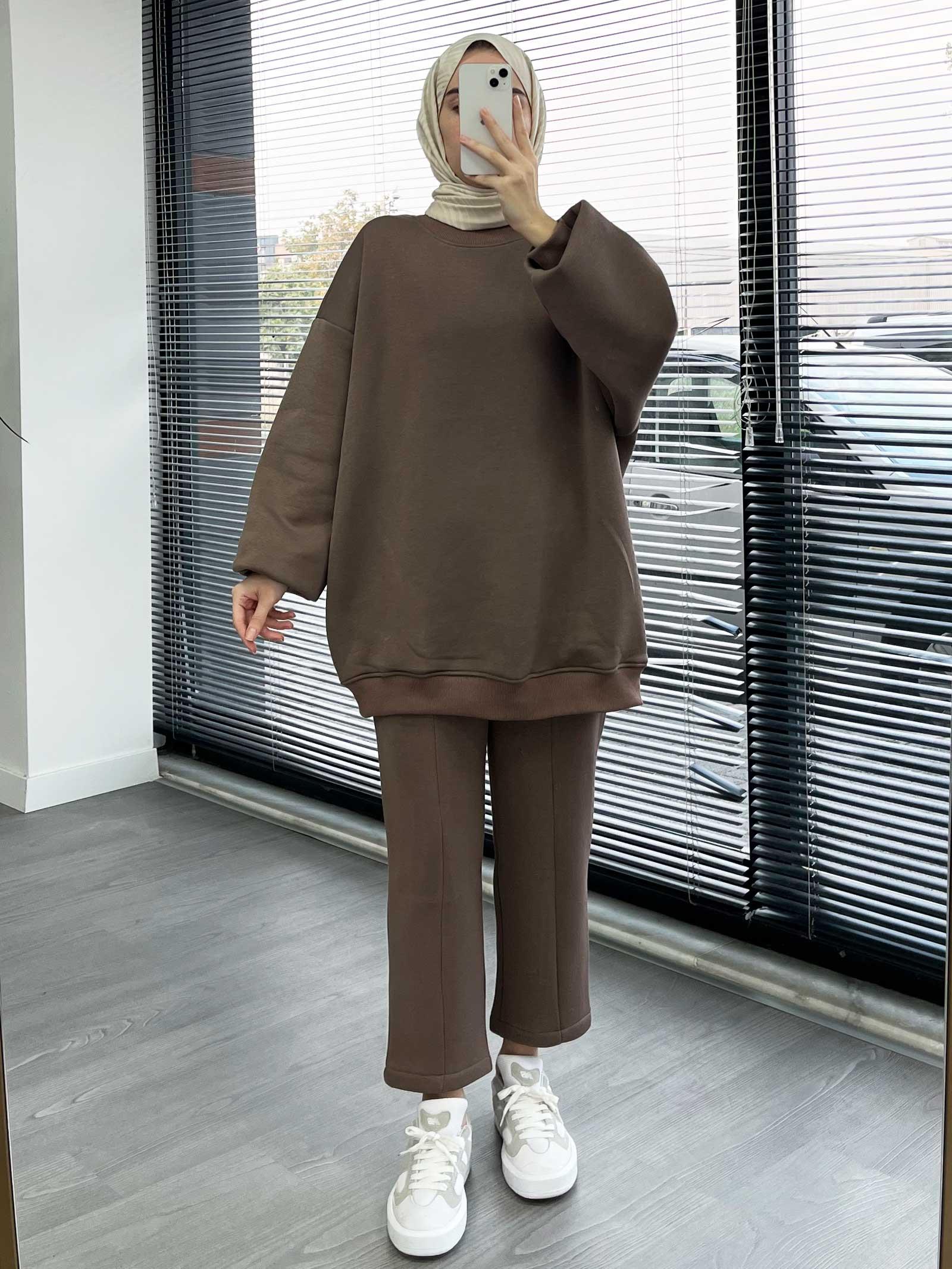 Kahverengi Rahat ve Şık Kadın İkili Eşofman Takımı