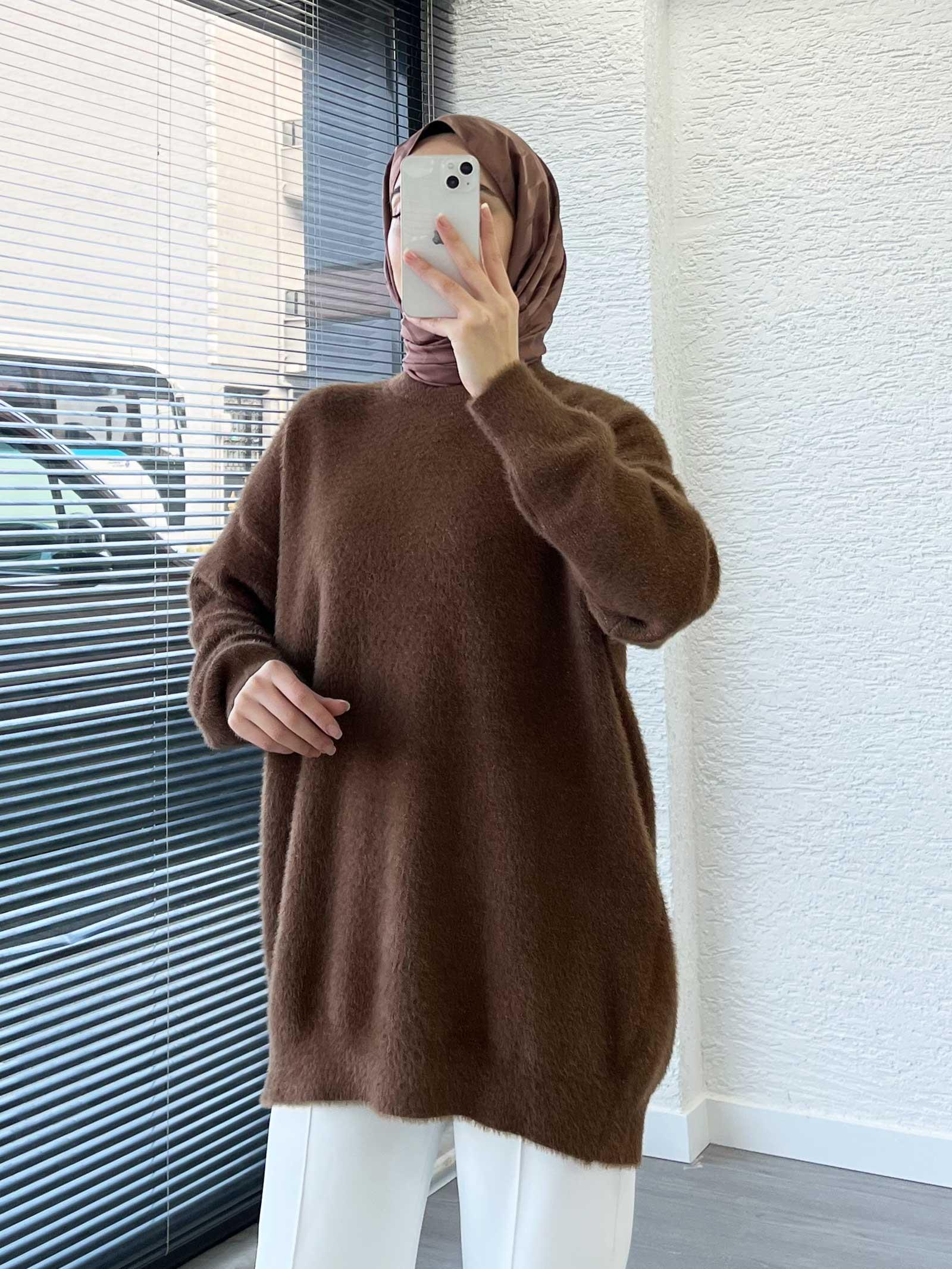 Kahverengi Sakallı Oversize Kadın Kazak