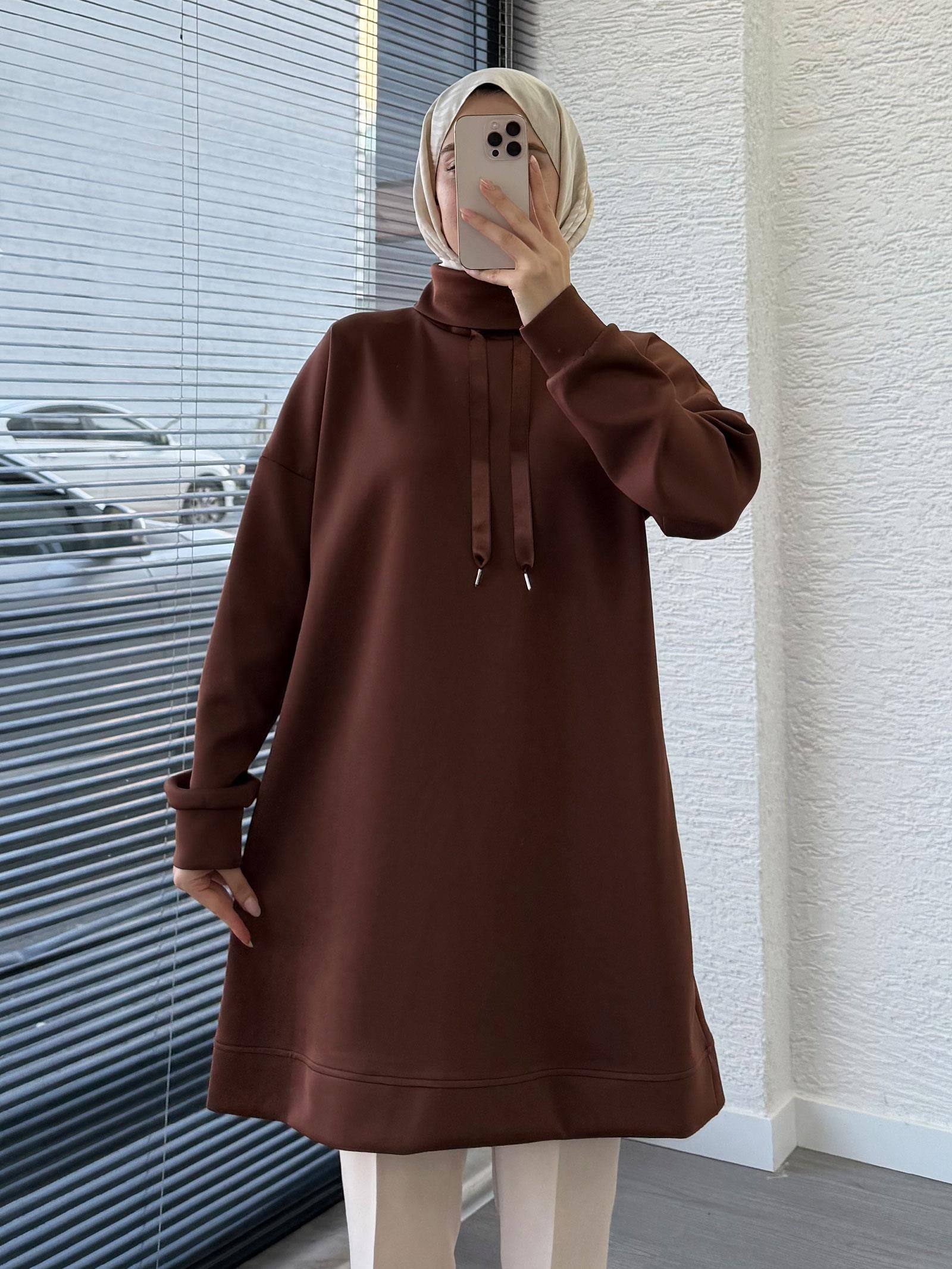 Kahverengi Scuba Kumaş Tunik