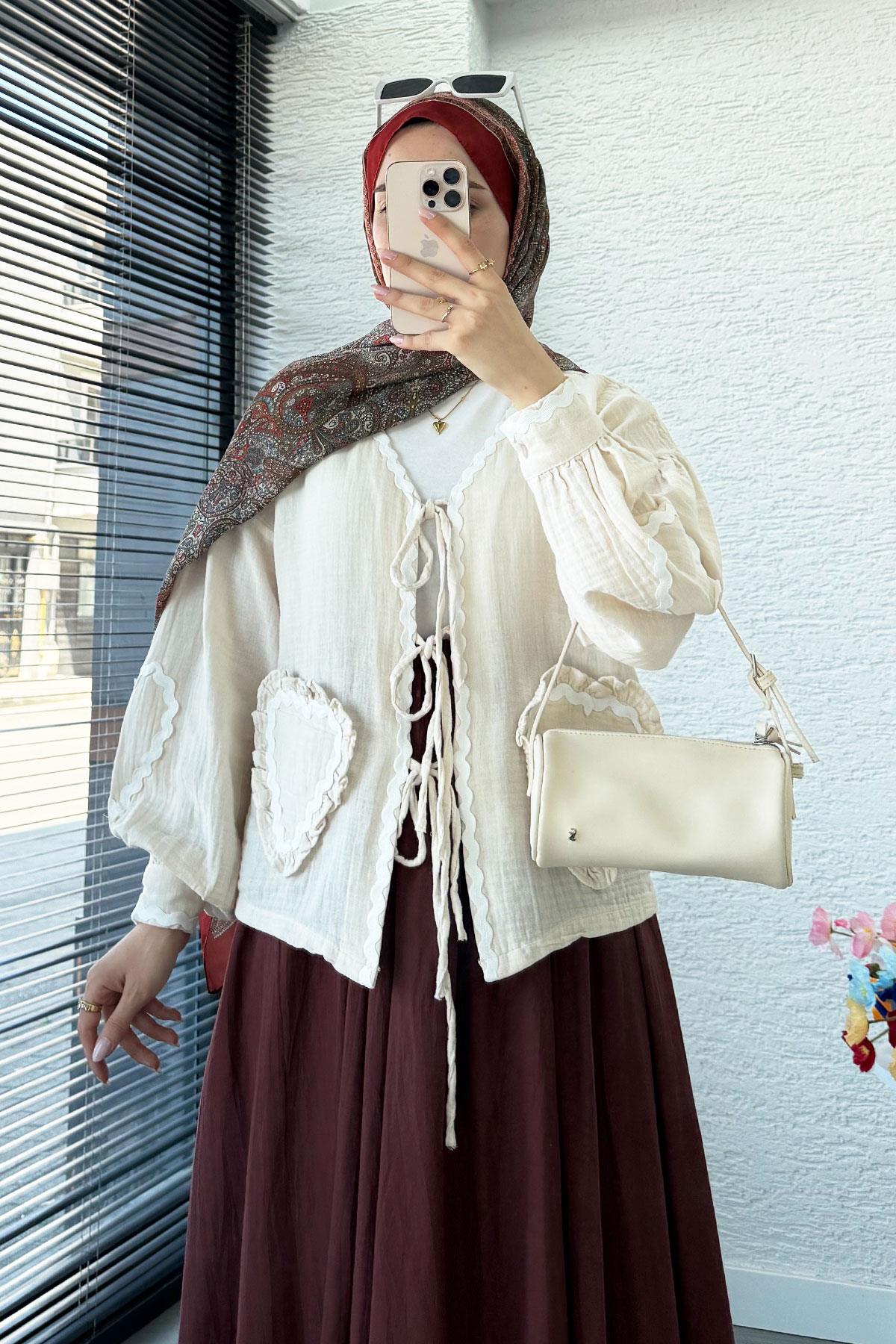 Kalp Form Dikişli Müslin Bağlamalı Kimono -Bej