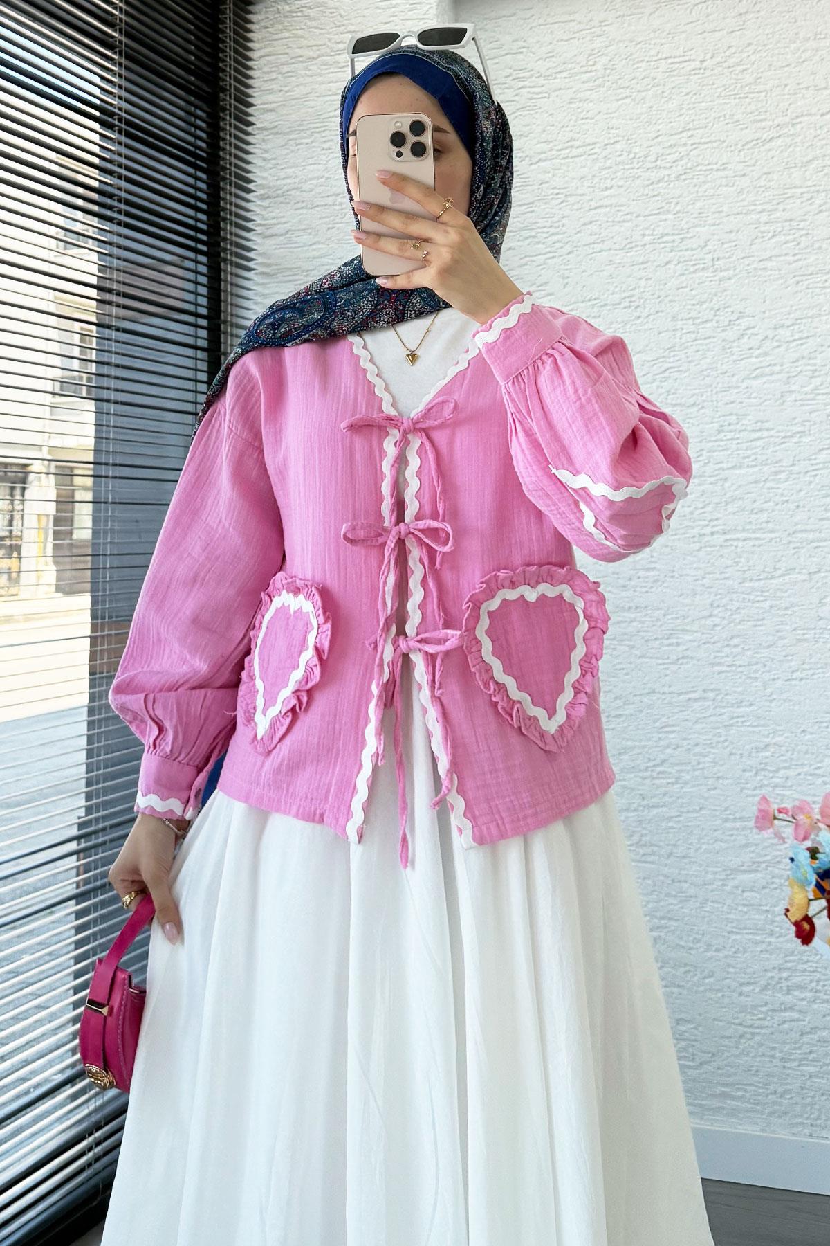 Kalp Form Dikişli Müslin Bağlamalı Kimono -Pembe