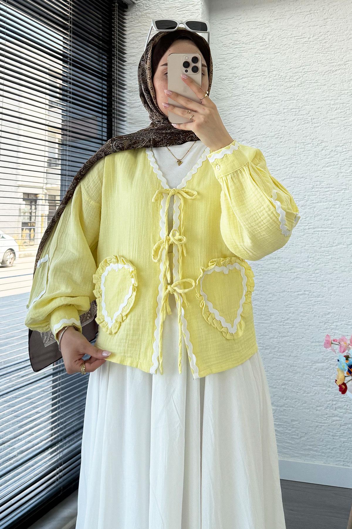 Kalp Form Dikişli Müslin Bağlamalı Kimono -Sarı