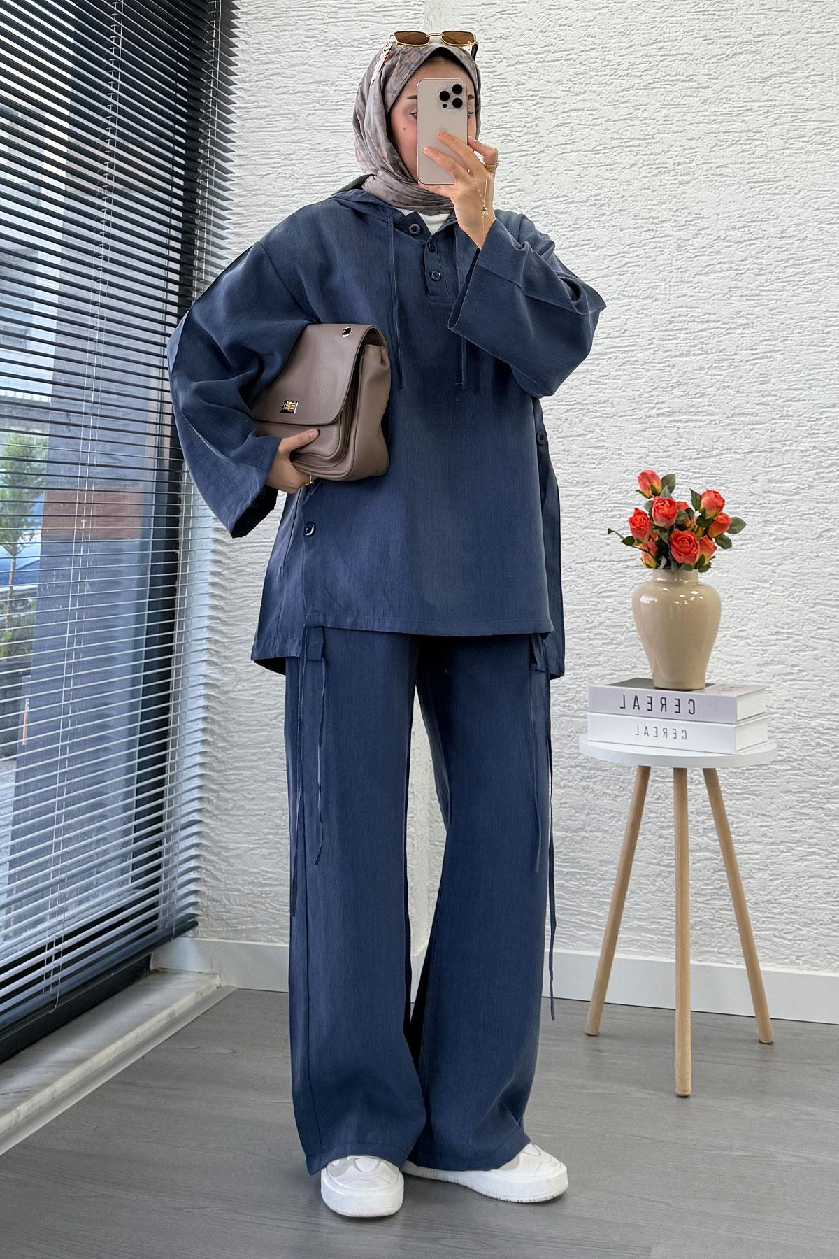 Kapüşonlu Düğme Detaylı Kadın İkili Takım -İndigo