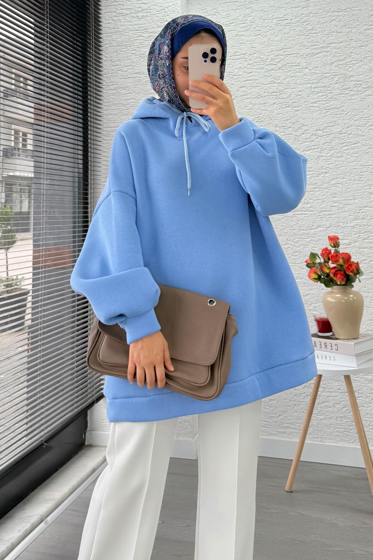 Kapüşonlu Oversize Kadın Sweatshirt - Bebe Mavi